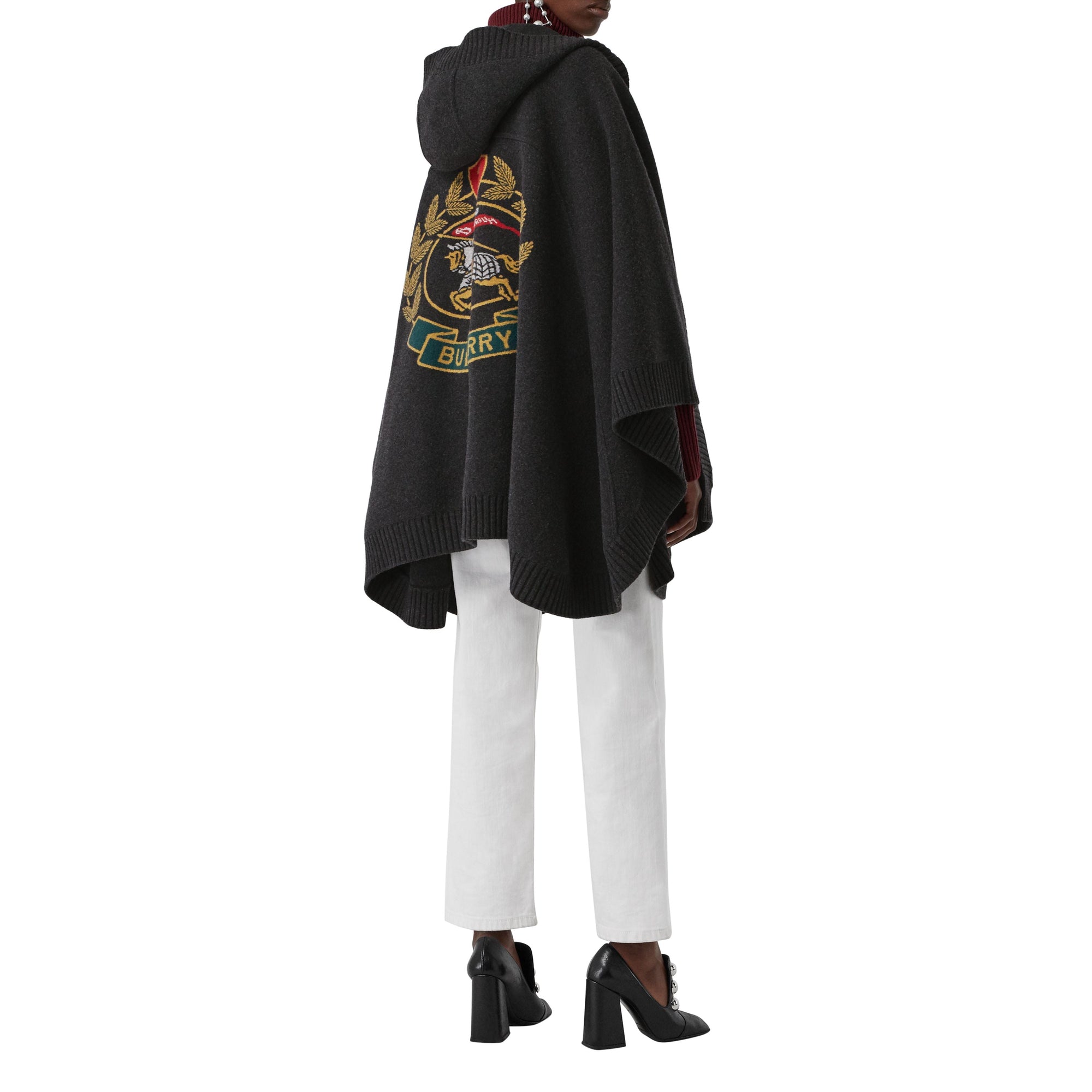 Cape à capuche en laine mélangée avec écusson en jacquard - Anthracite