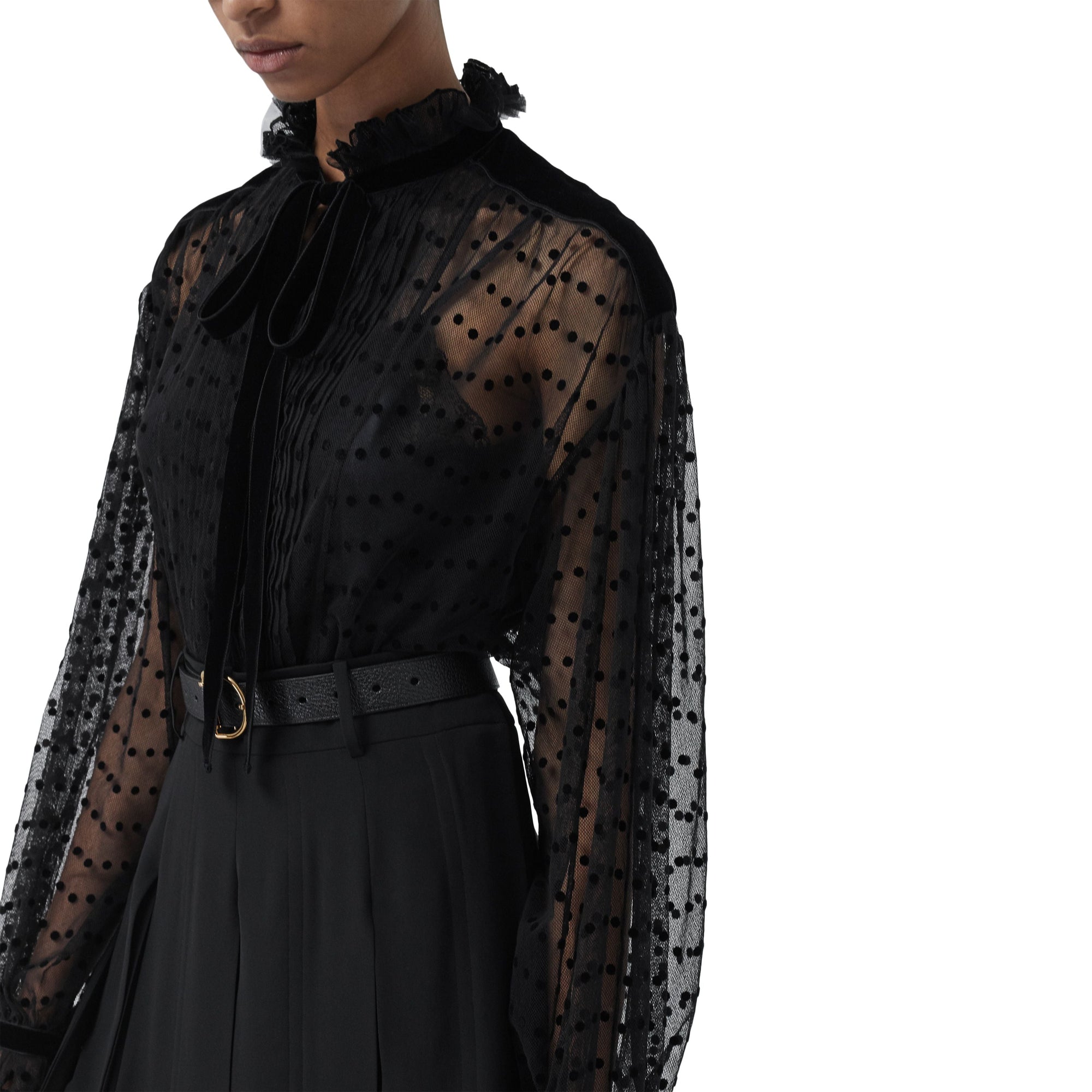 BLACK Chemisier oversize à col lavallière en tulle floqué à pois
