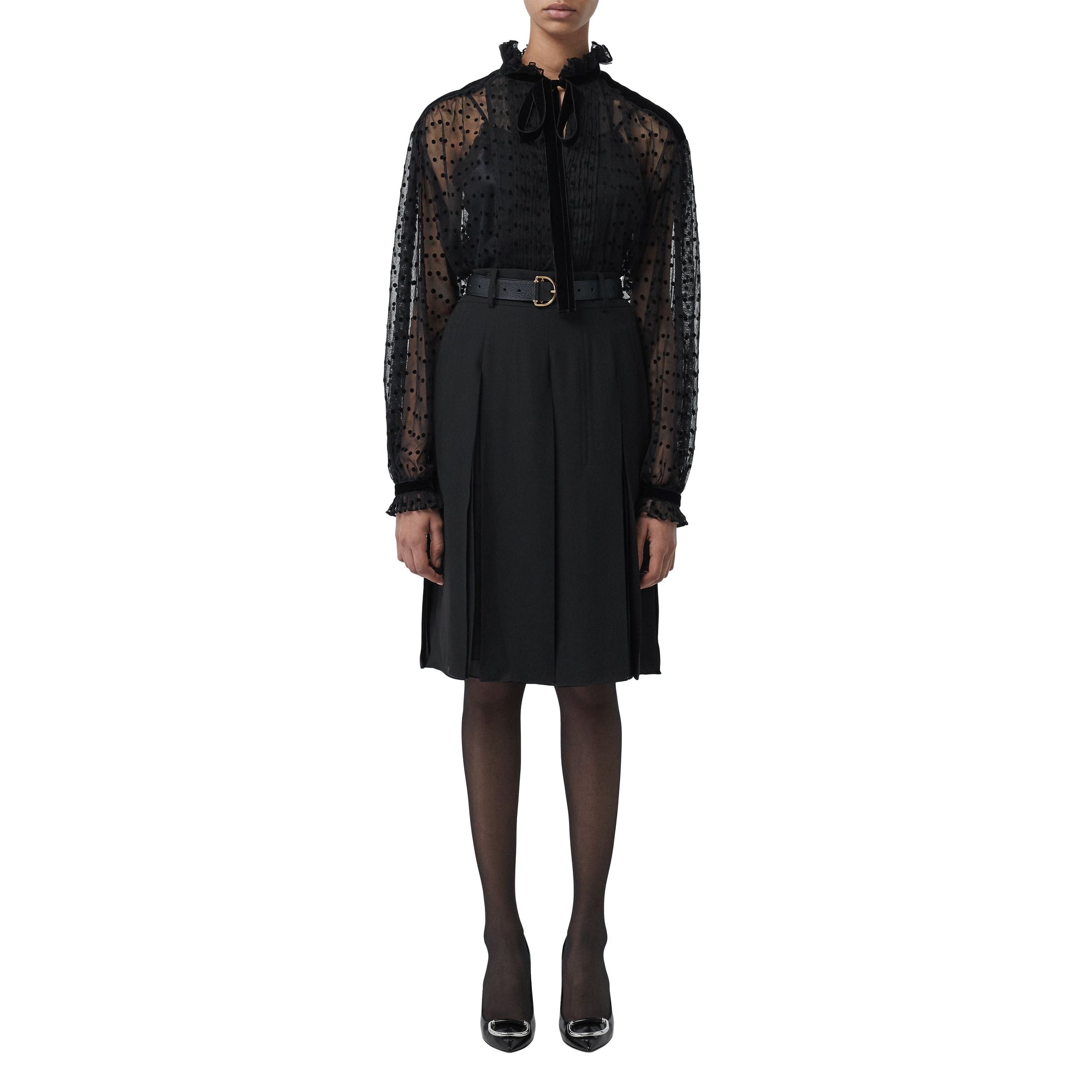 BLACK Chemisier oversize à col lavallière en tulle floqué à pois