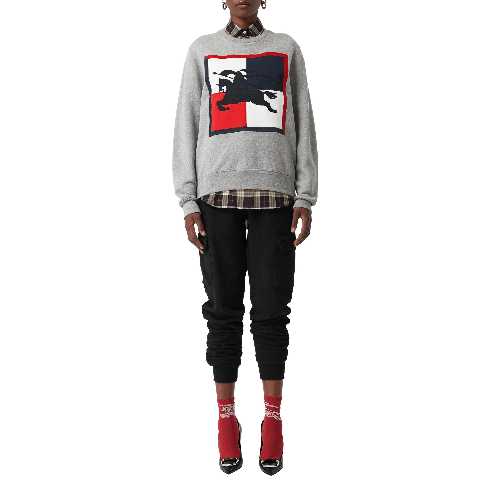 PALE GREY MELANGE Sweat-shirt en coton avec emblème du Cavalier à damier