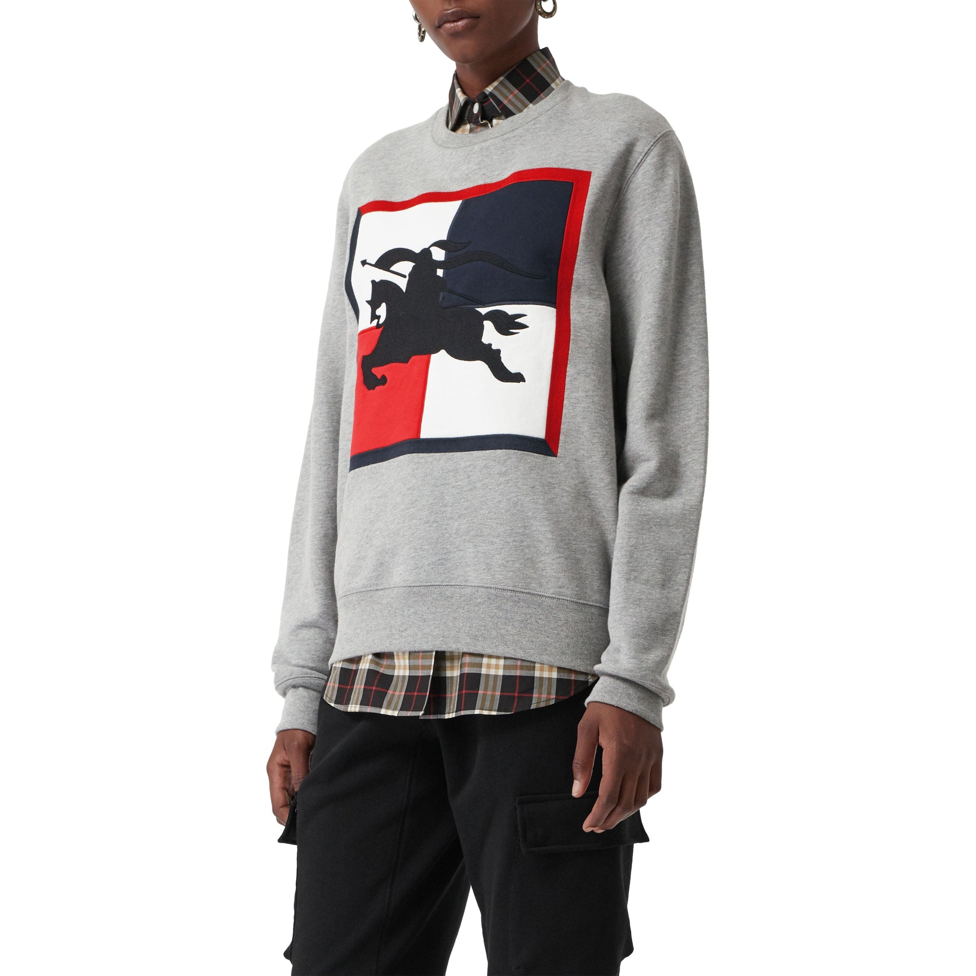 PALE GREY MELANGE Sweat-shirt en coton avec emblème du Cavalier à damier
