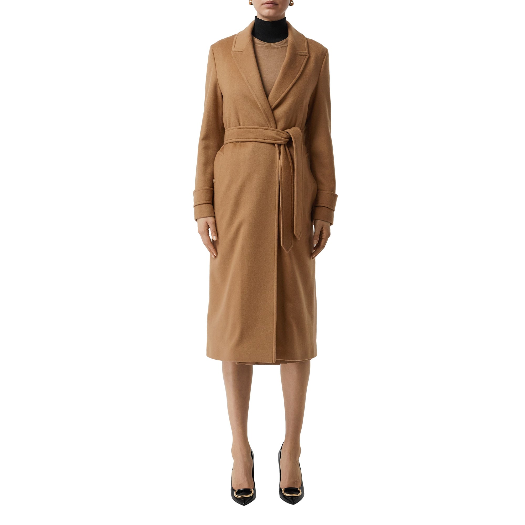 Manteau portefeuille en cachemire avec revers en pointe - Sable foncé