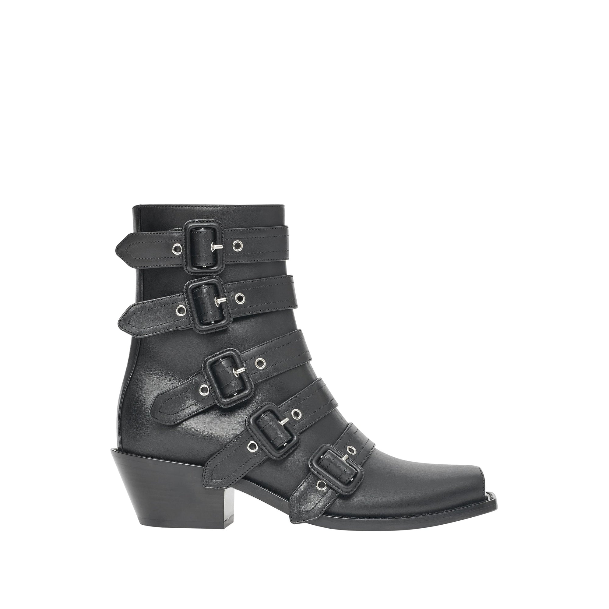 Bottines à bout ouvert en cuir avec boucles - Noir