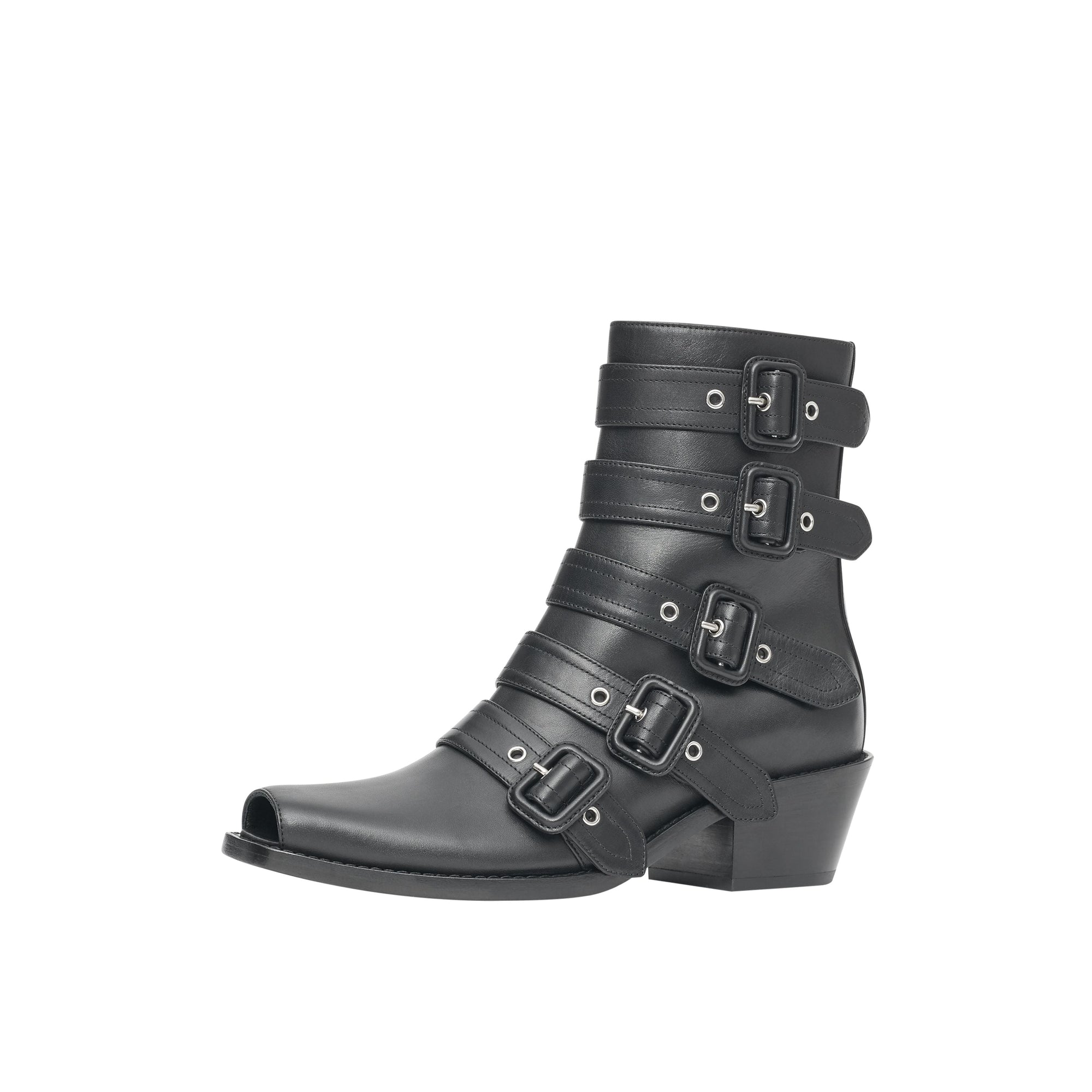 Bottines à bout ouvert en cuir avec boucles - Noir