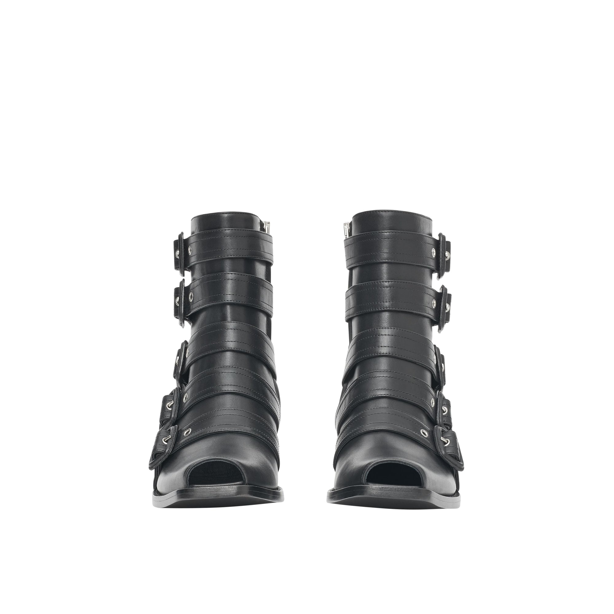 Bottines à bout ouvert en cuir avec boucles - Noir