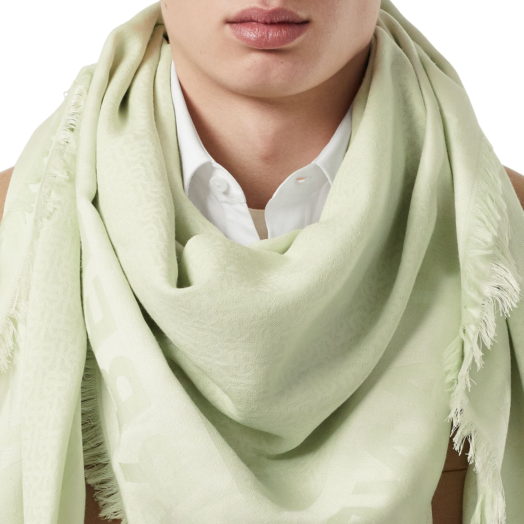 Grand carré de soie et laine en jacquard monogram - Pistache