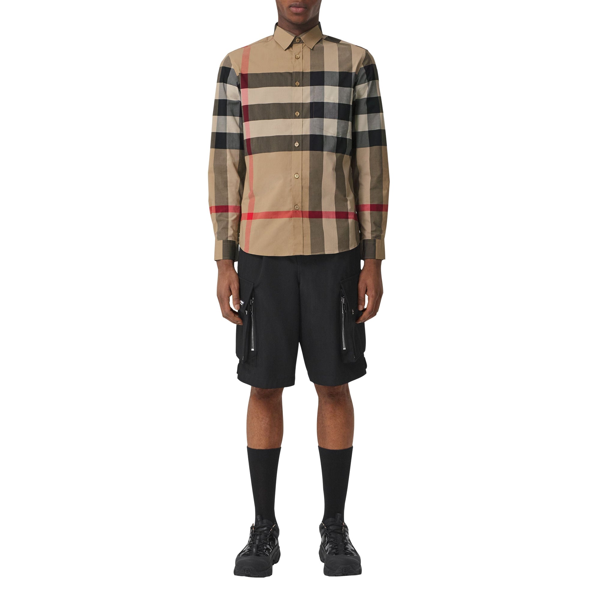 Chemise en popeline de coton stretch check - Beige d'Archive