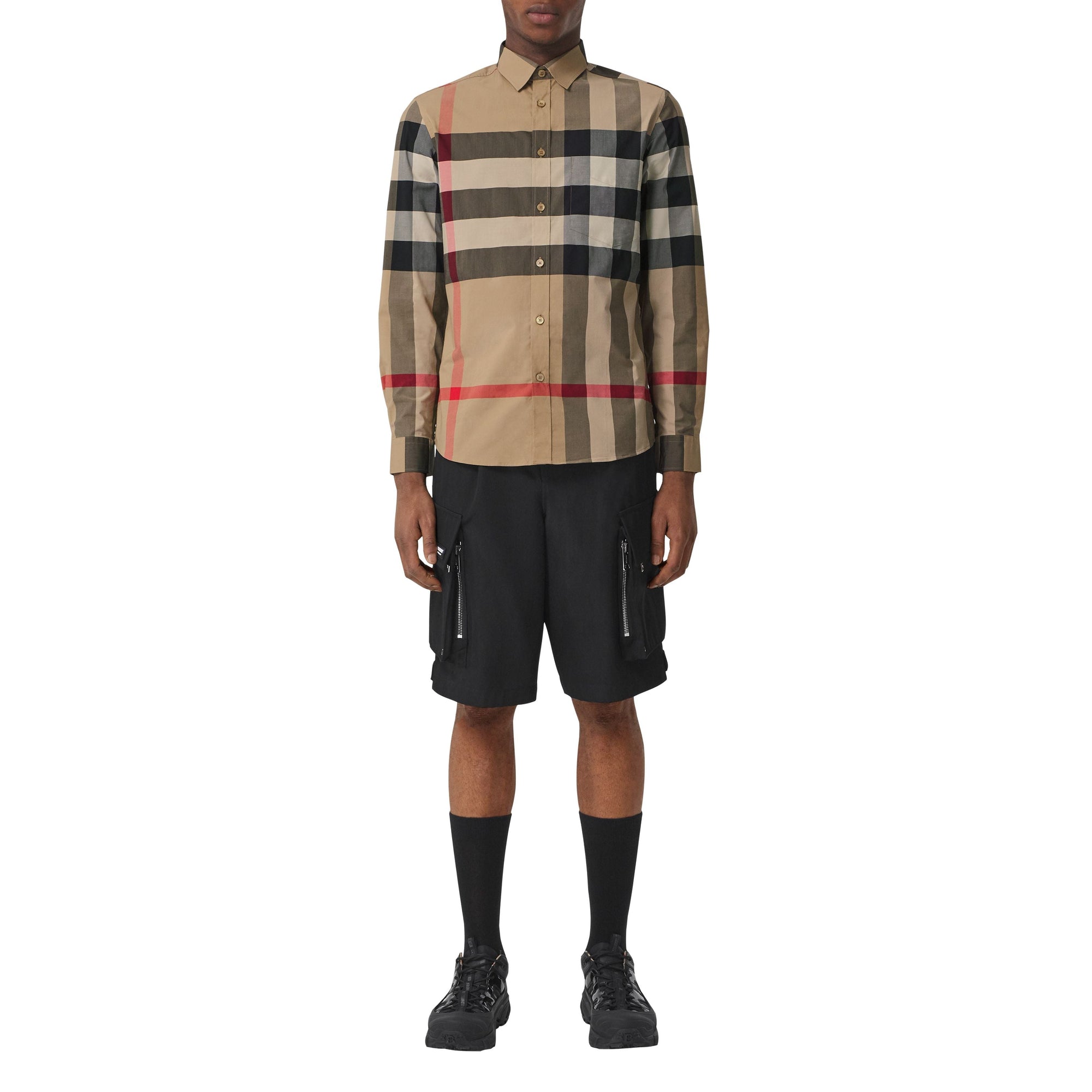 Chemise en popeline de coton stretch check - Beige d'archive