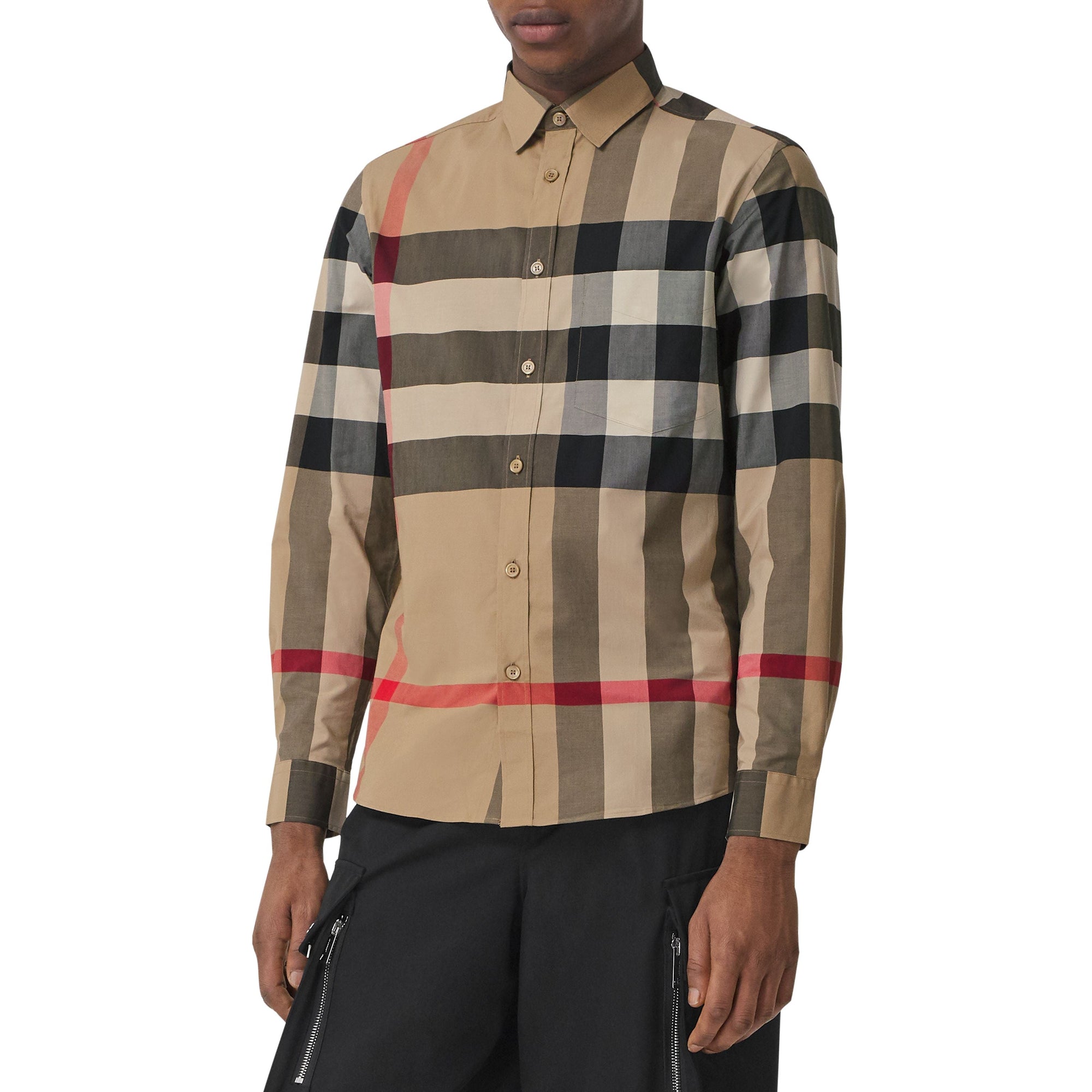 Chemise en popeline de coton stretch check - Beige d'archive