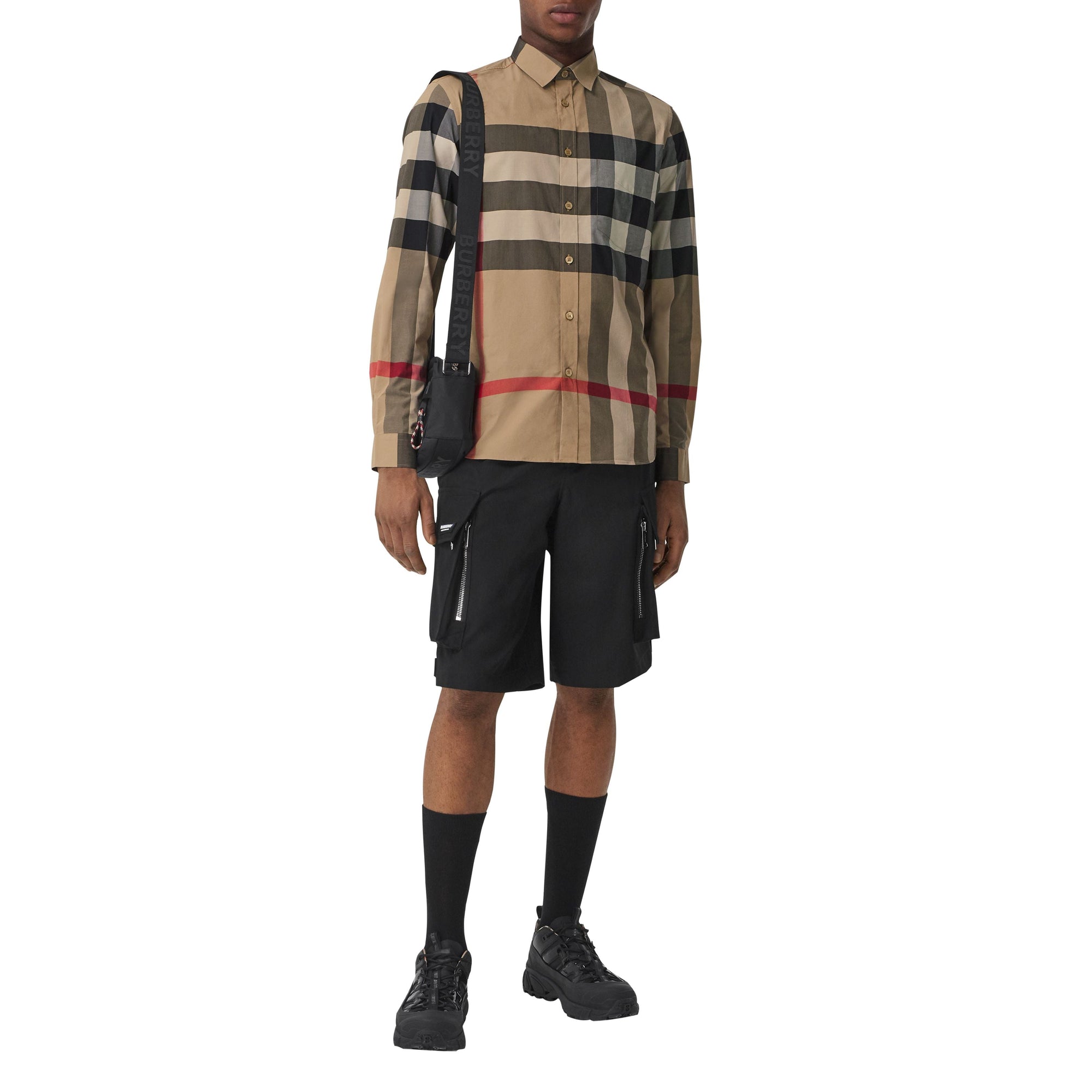 Chemise en popeline de coton stretch check - Beige d'Archive