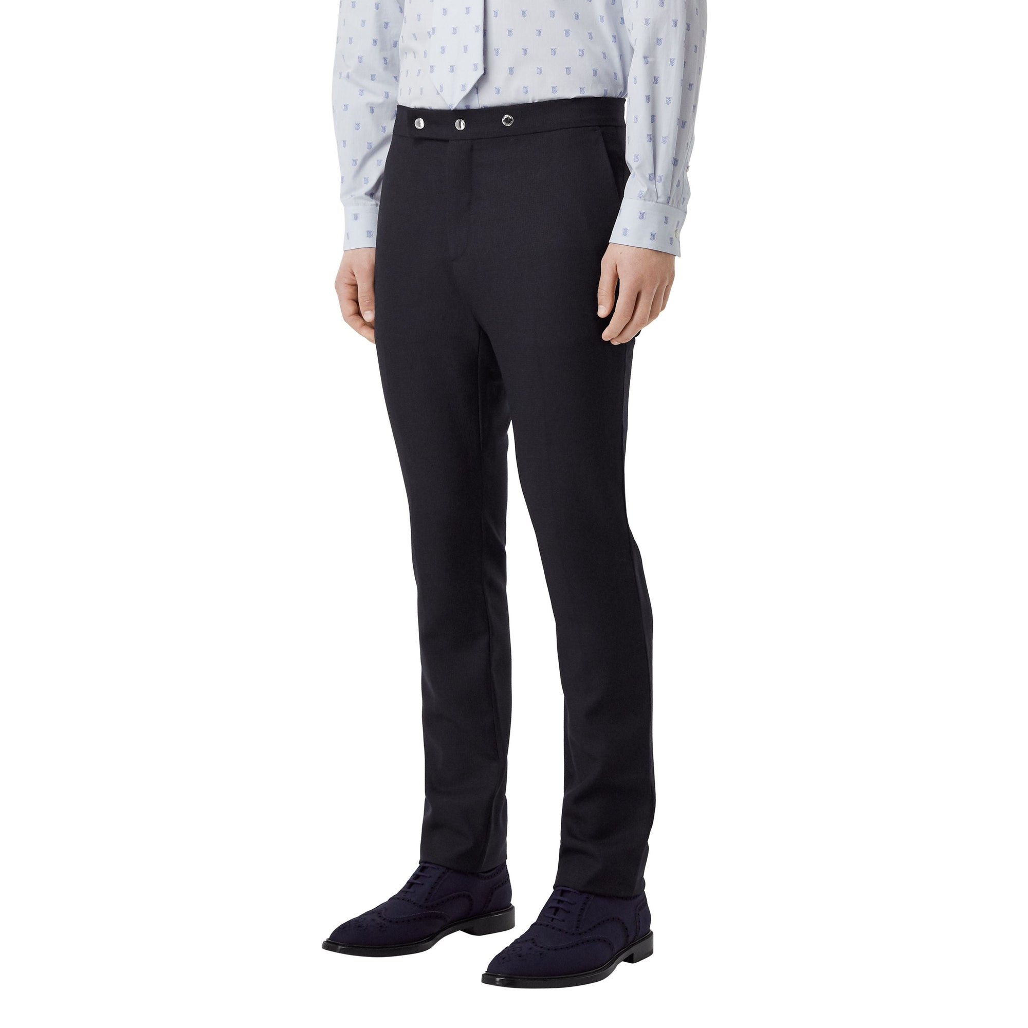 Pantalon de costume classique en laine et mohair à triple pression - Bleu de Minuit