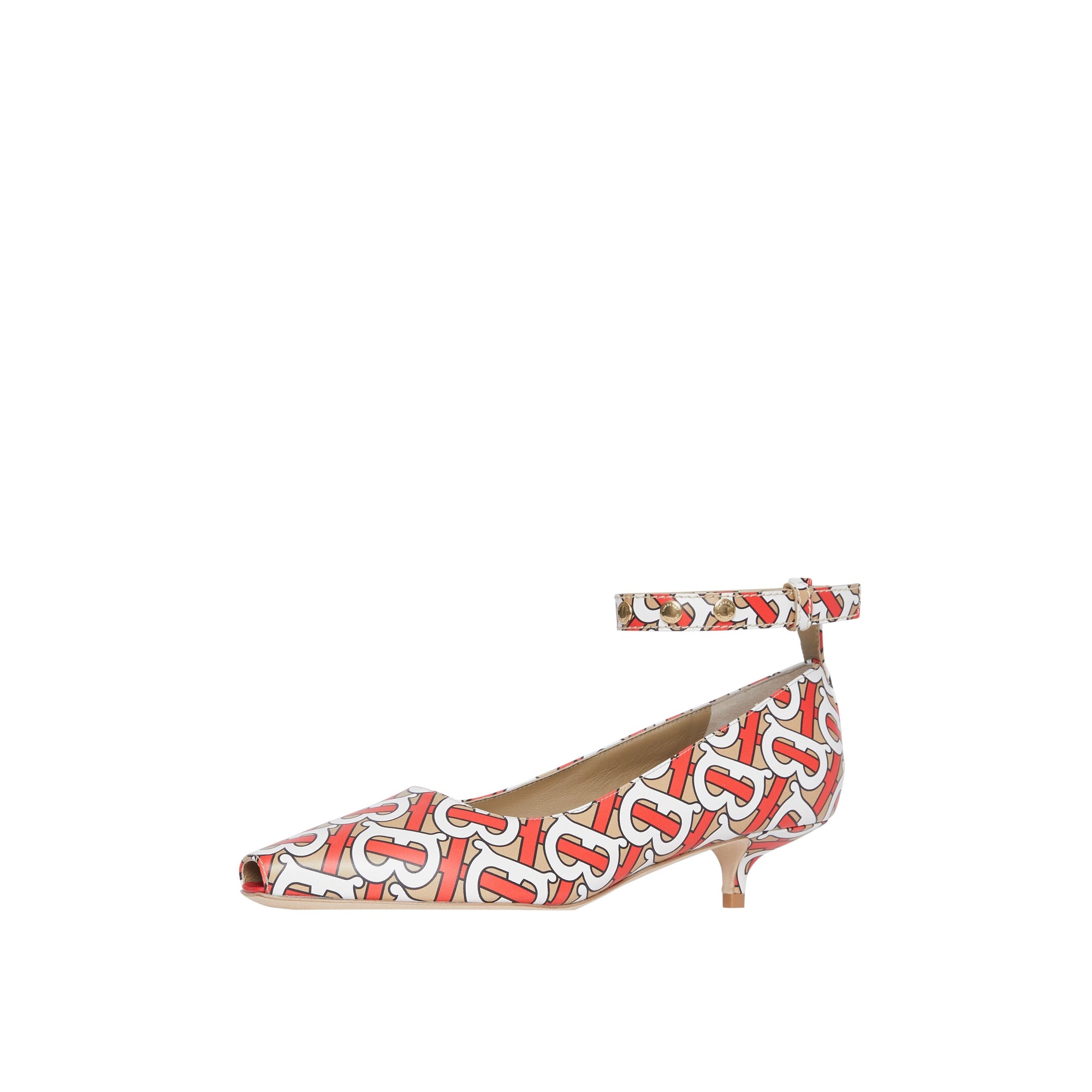 Escarpins à bout ouvert et talon kitten-heel en cuir monogram - Fauve