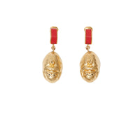 Boucles d'oreilles gorille et écrou plaquées or avec cuir - Rouge vif & or clair