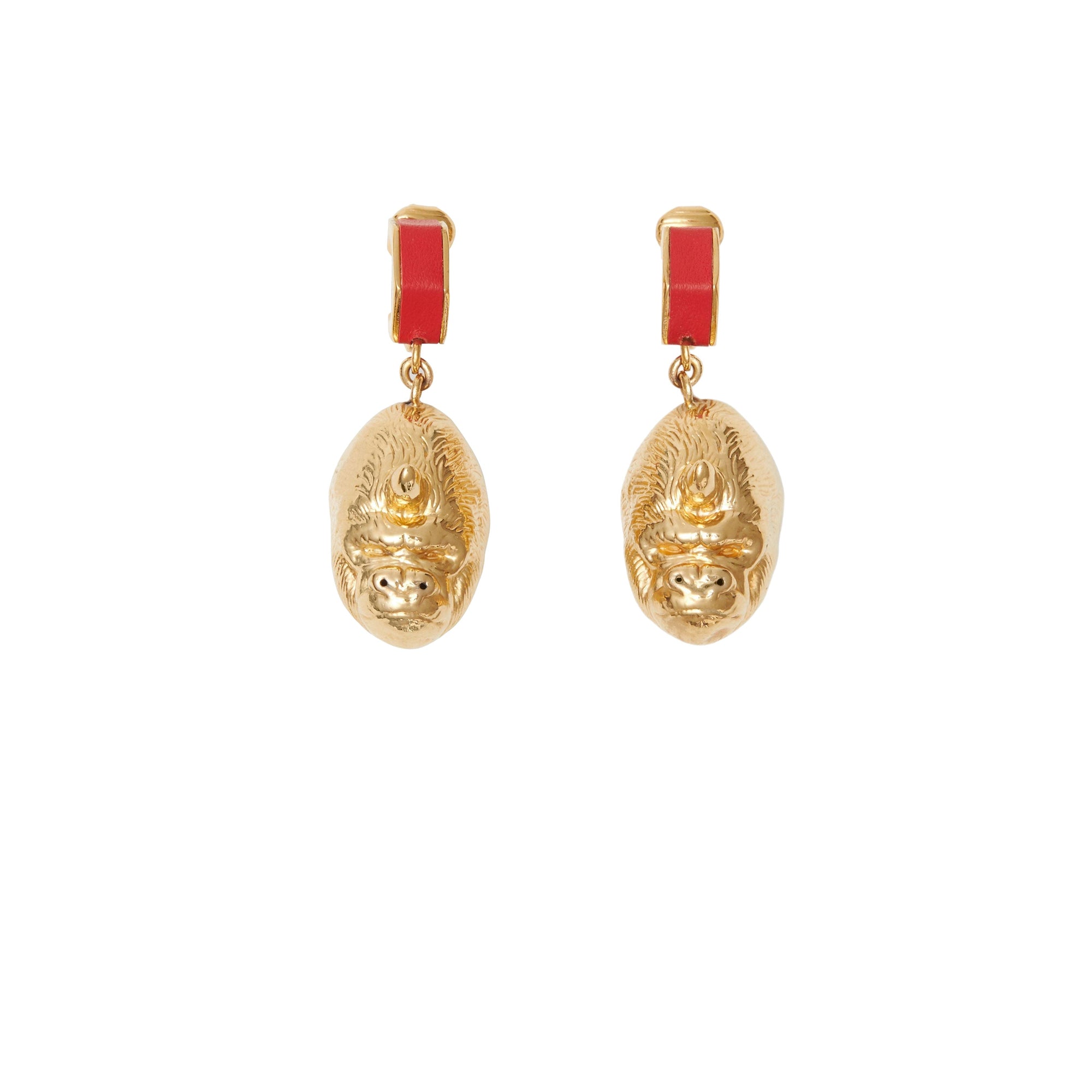 Boucles d'oreilles gorille et écrou plaquées or avec cuir - Rouge vif & or clair
