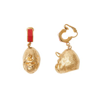 Boucles d'oreilles gorille et écrou plaquées or avec cuir - Rouge vif & or clair