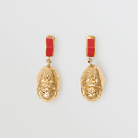 Boucles d'oreilles gorille et écrou plaquées or avec cuir - Rouge vif & or clair