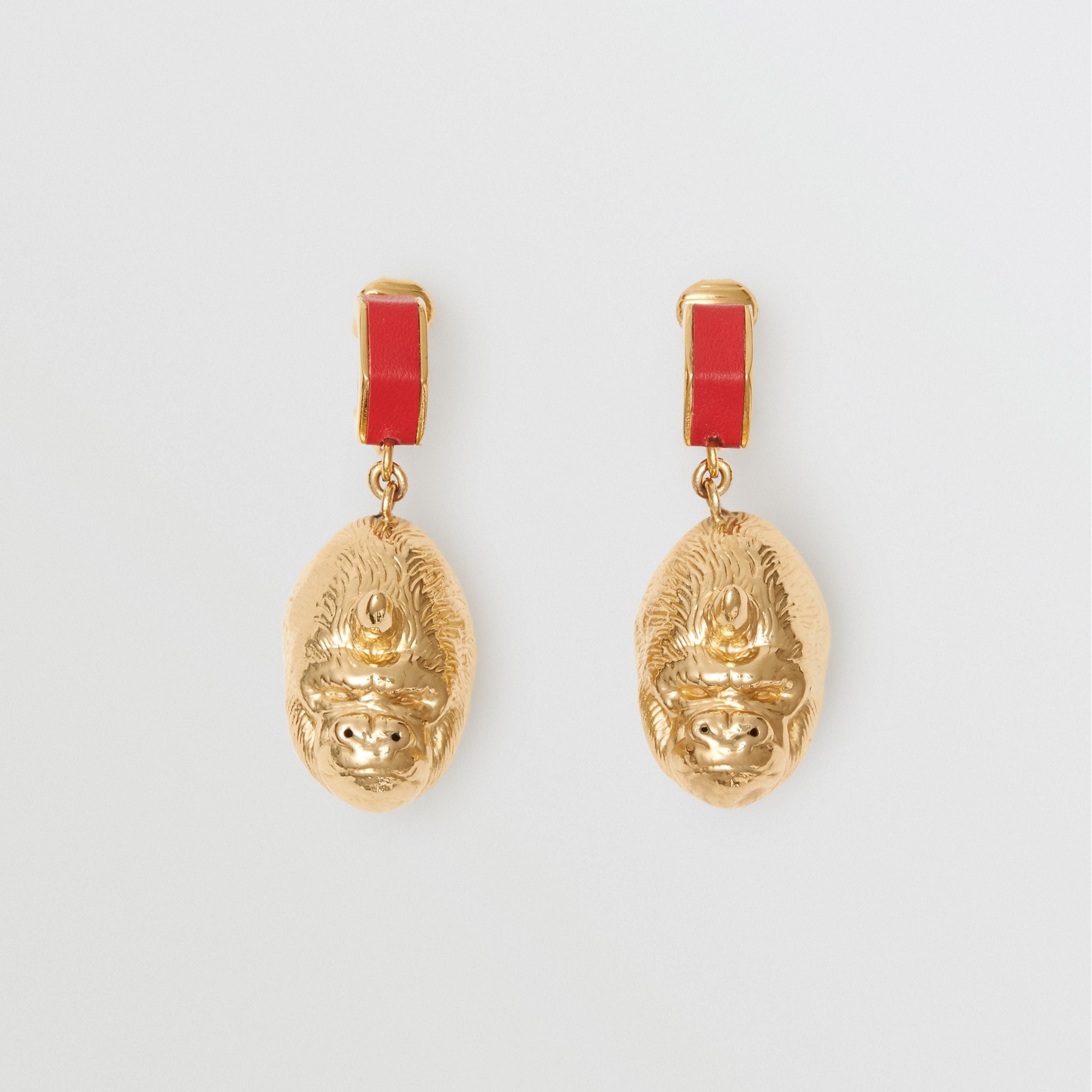 Boucles d'oreilles gorille et écrou plaquées or avec cuir - Rouge vif & or clair