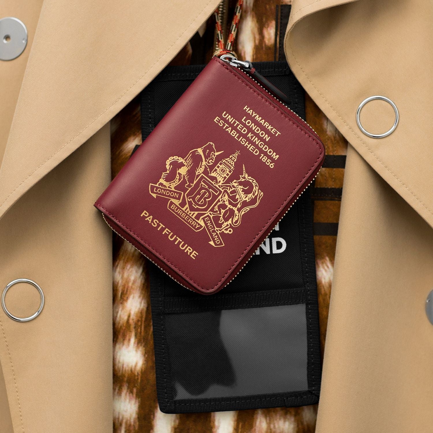 Portefeuille zippé en cuir avec imprimé passeport - Bourgogne
