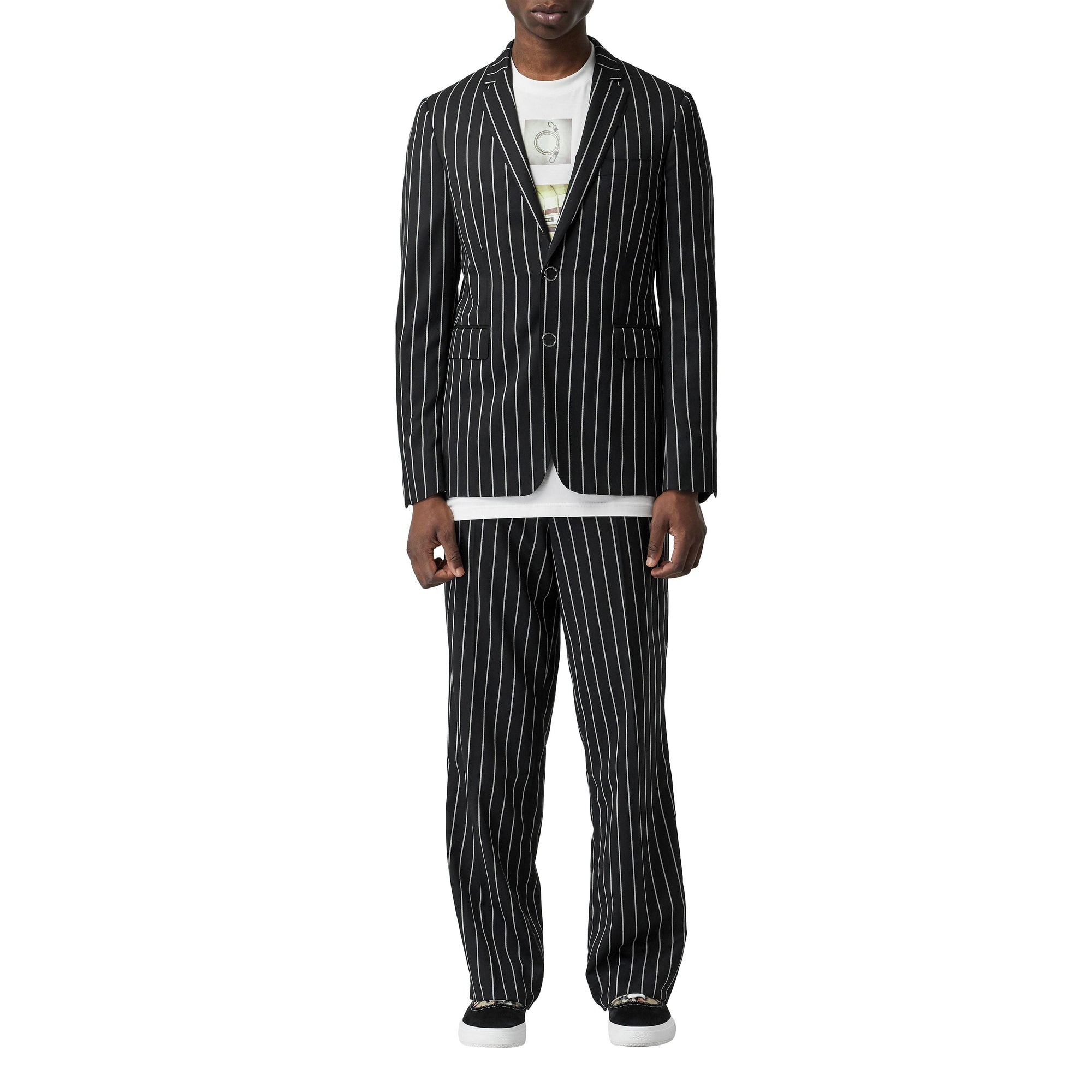 Veste de costume slim en laine à fines rayures avec boutons pression - Noir