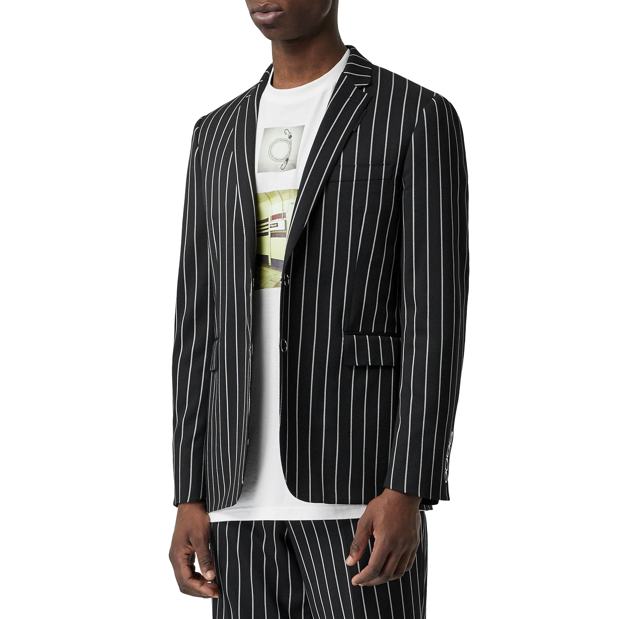 Veste de costume slim en laine à fines rayures avec boutons pression - Noir