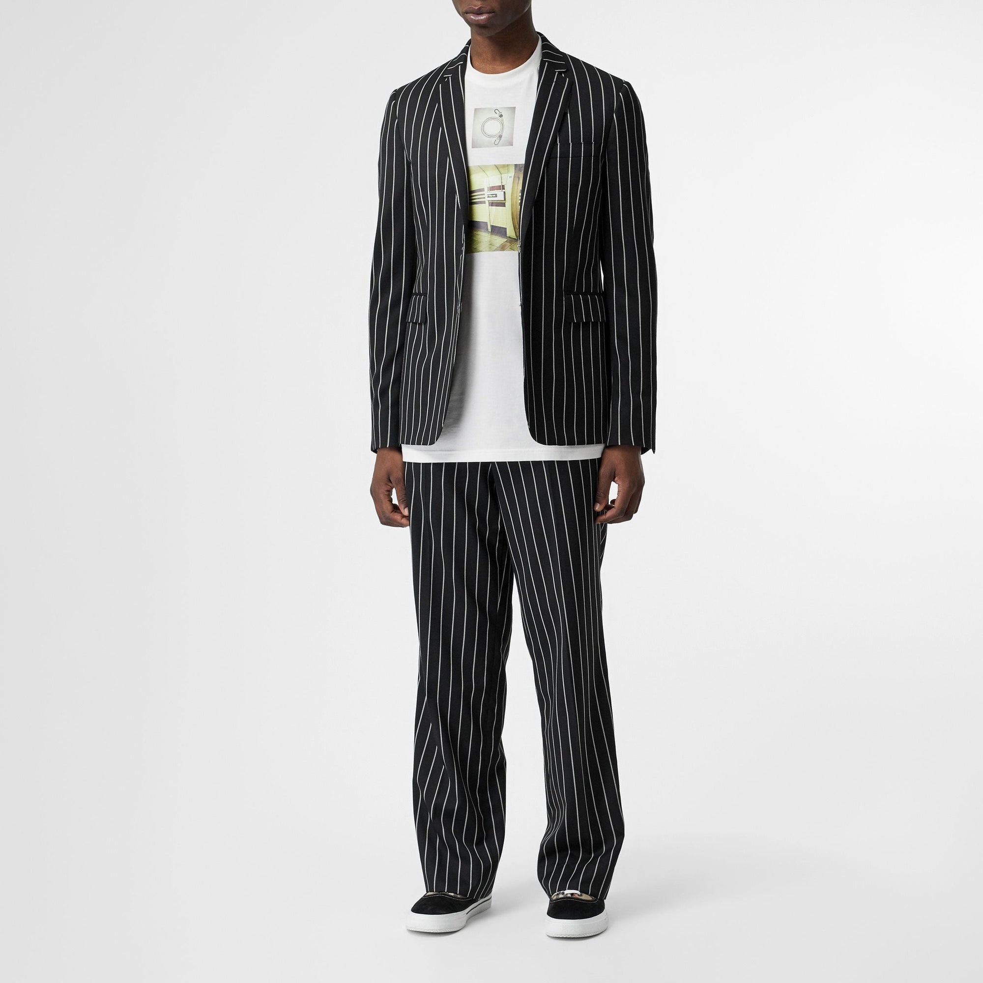 Veste de costume slim en laine à fines rayures avec boutons pression - Noir