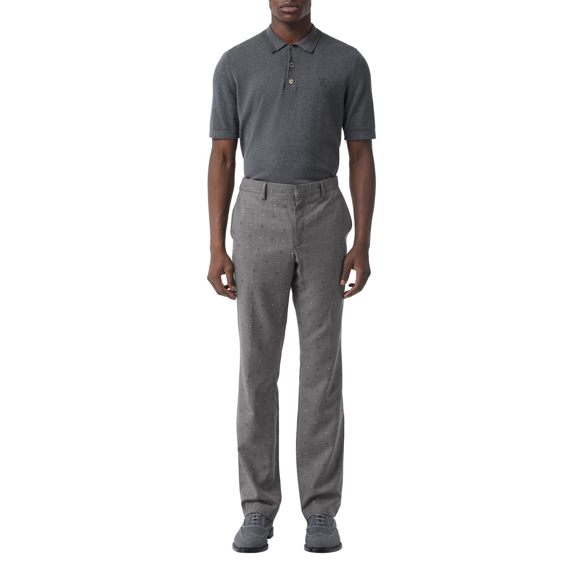 Pantalon de costume classique en laine et coton en fil coupé - Camaïeu de gris moyens