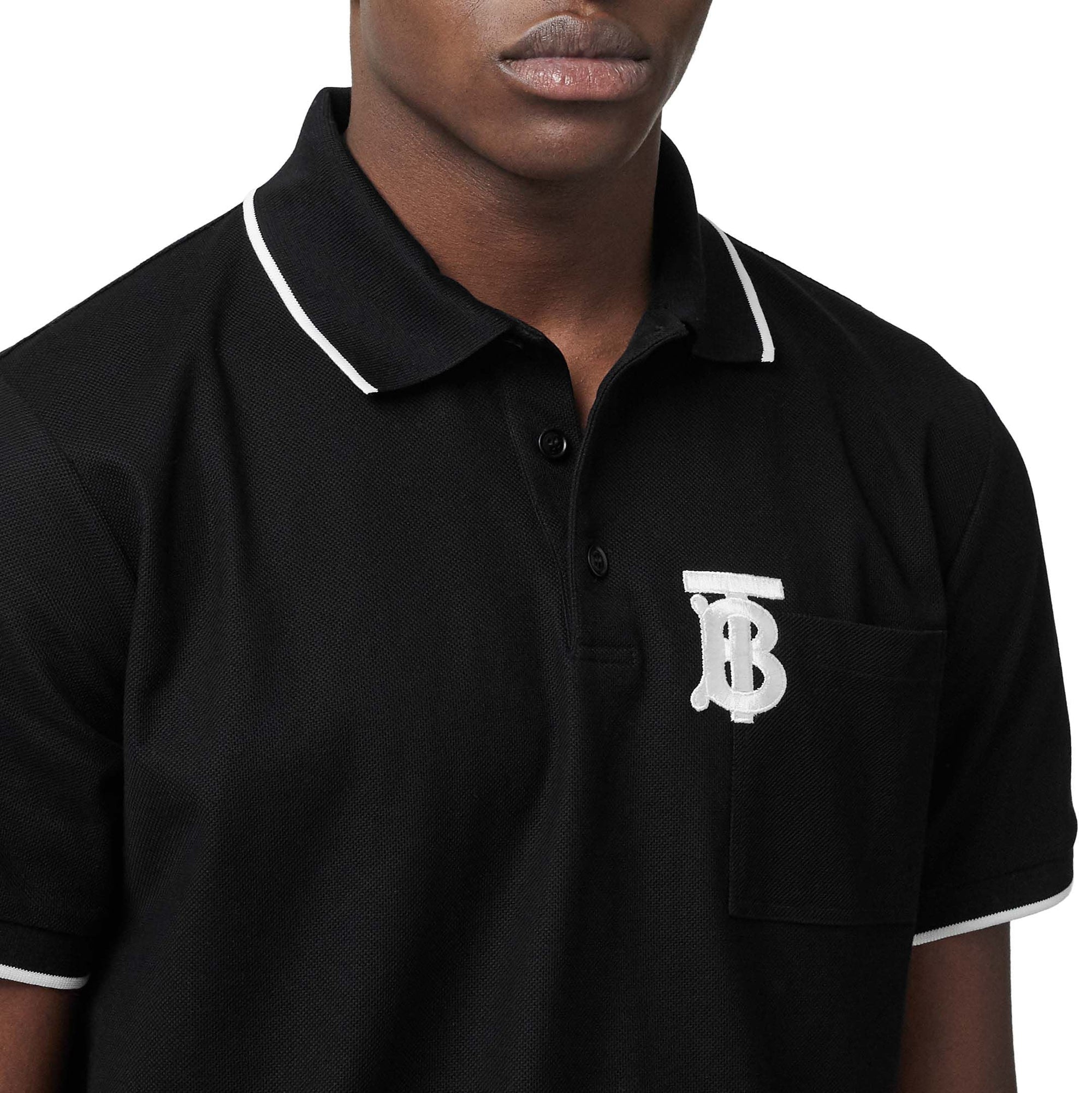 BLACK Polo à col en pointe en piqué de coton Monogram