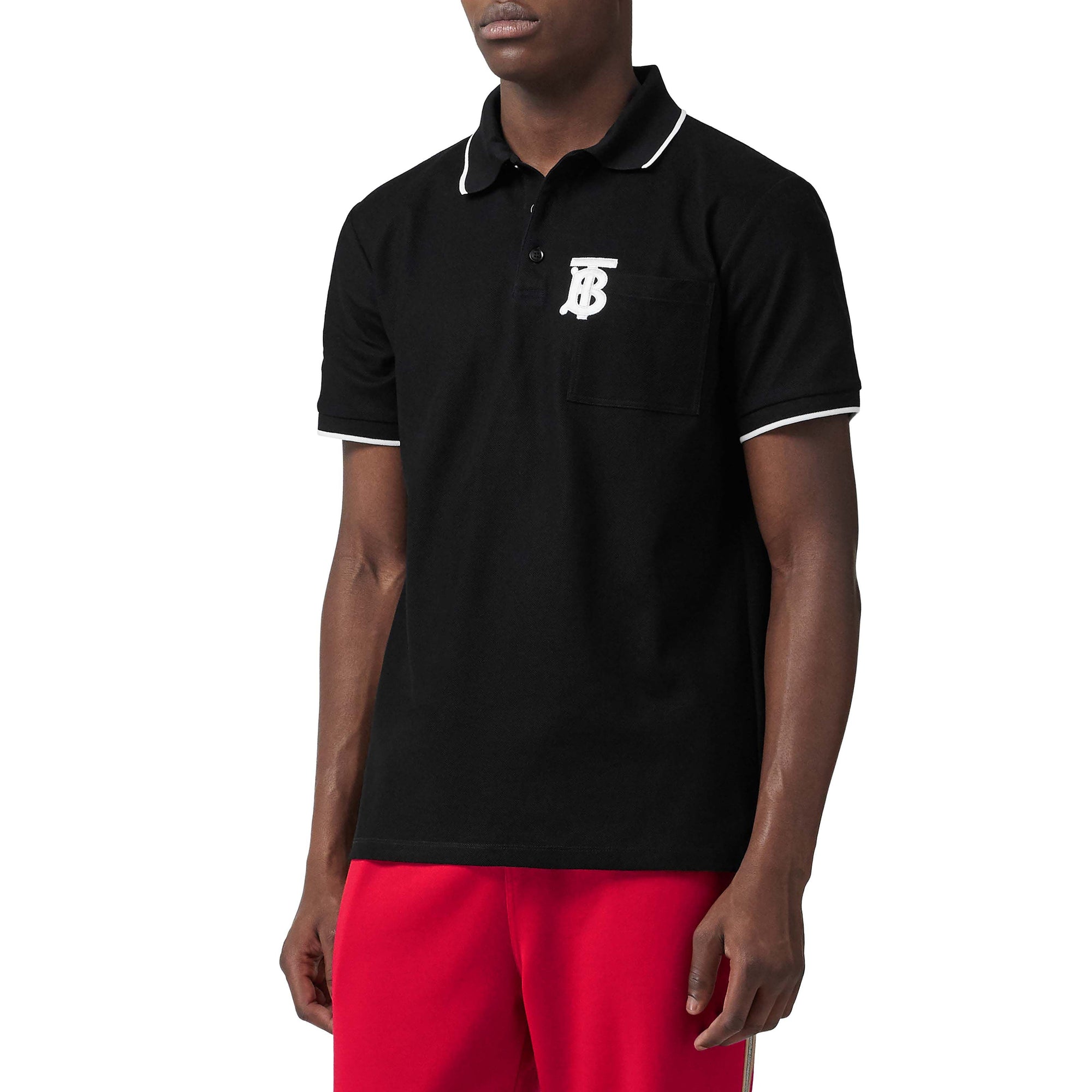 BLACK Polo à col en pointe en piqué de coton Monogram