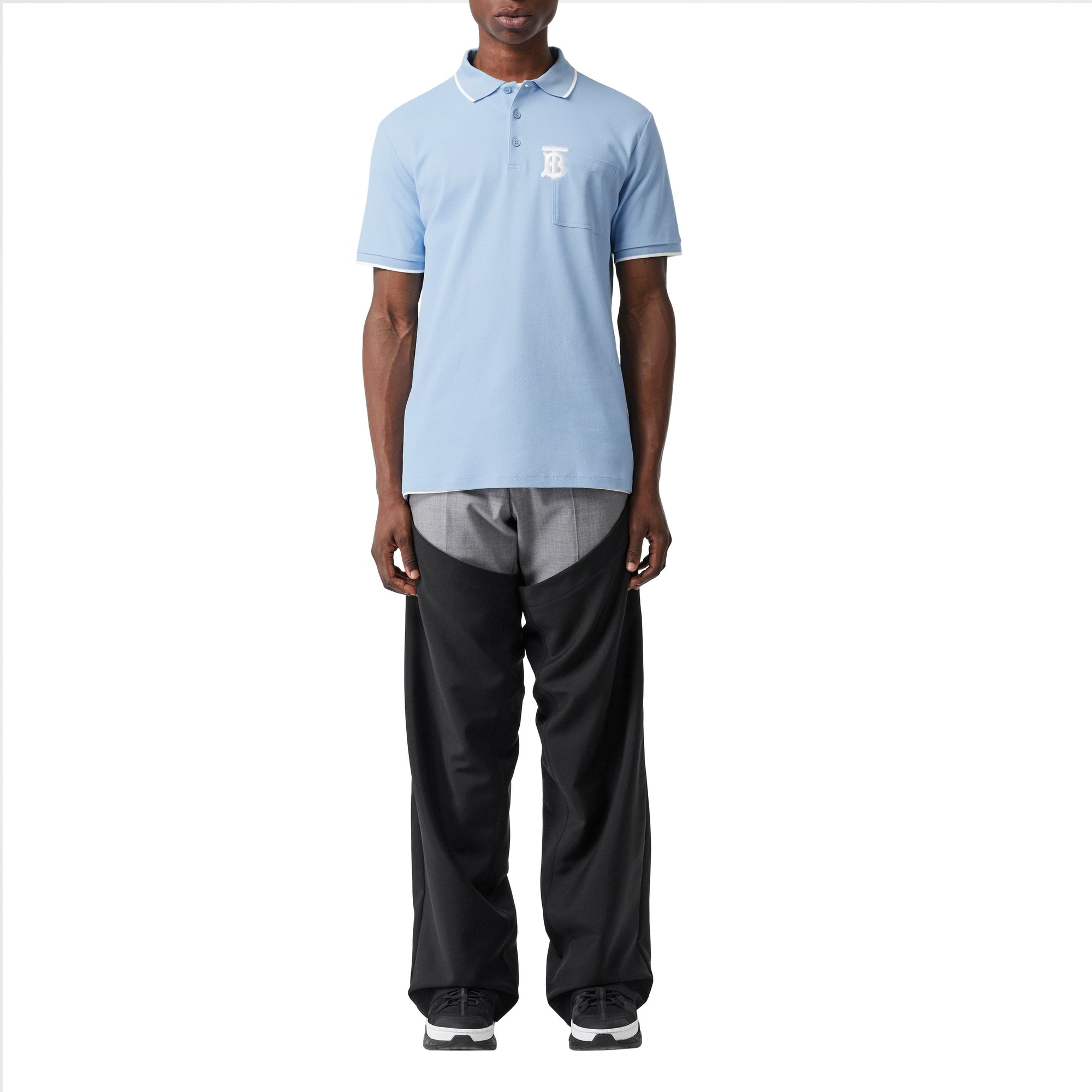 PALE BLUE Polo à col en pointe en piqué de coton Monogram