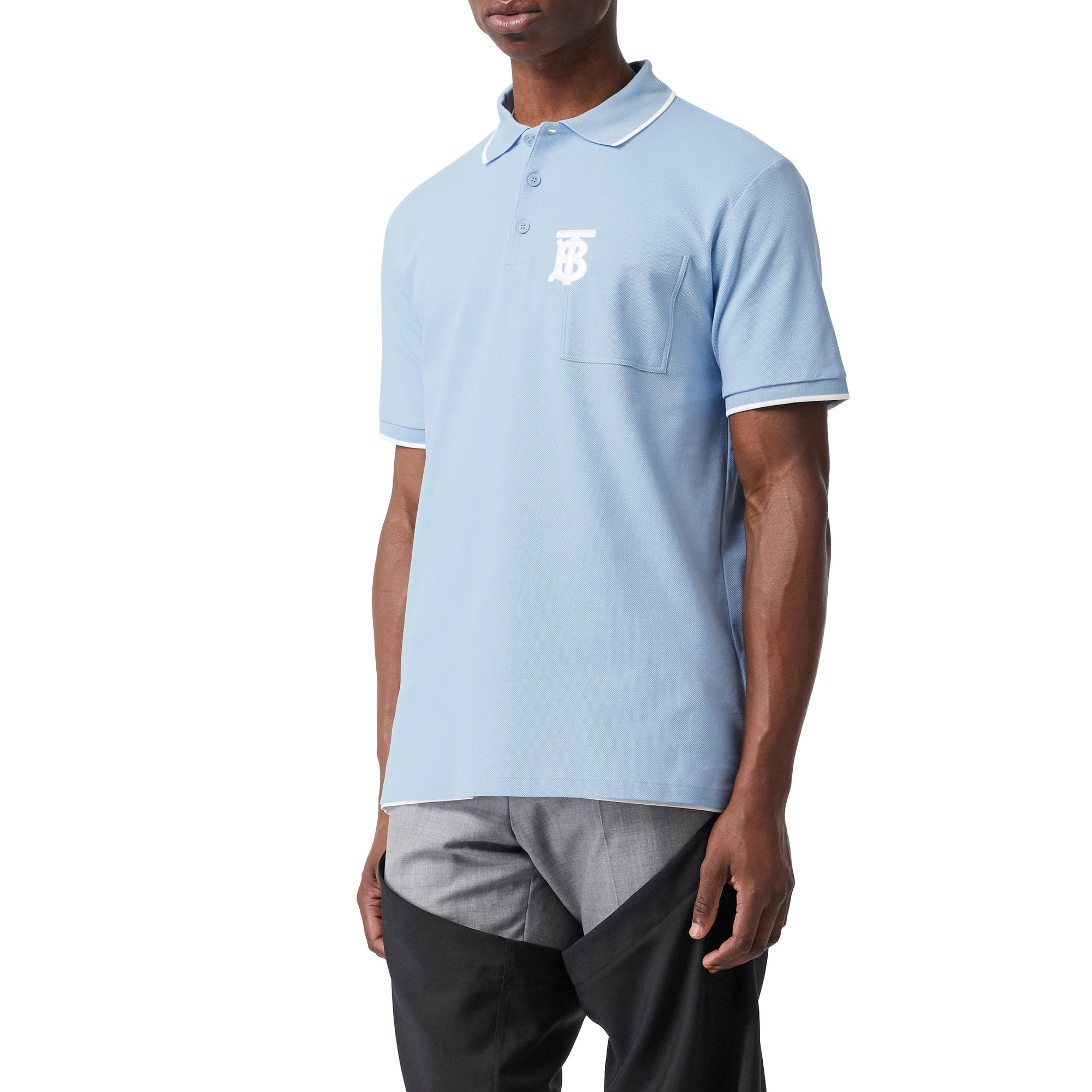PALE BLUE Polo à col en pointe en piqué de coton Monogram