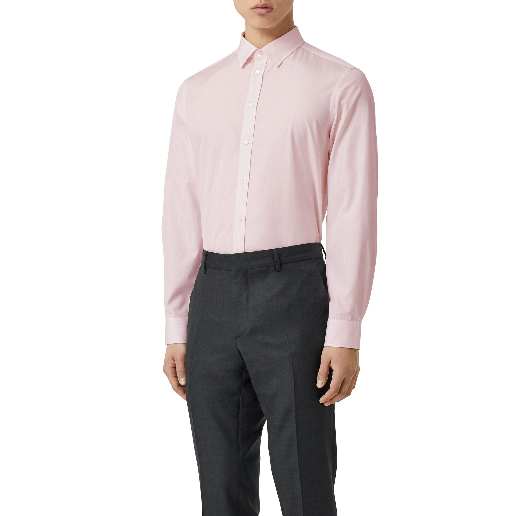 Chemise slim en popeline de coton micro-check - Rose albâtre