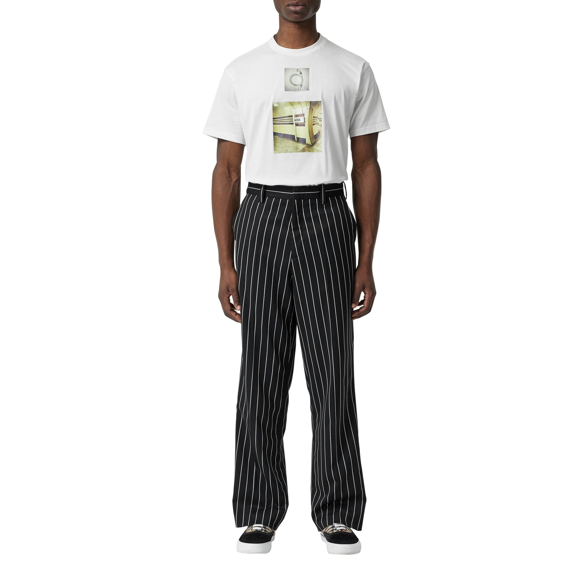 Pantalon de costume ample en laine stretch à fines rayures - Noir
