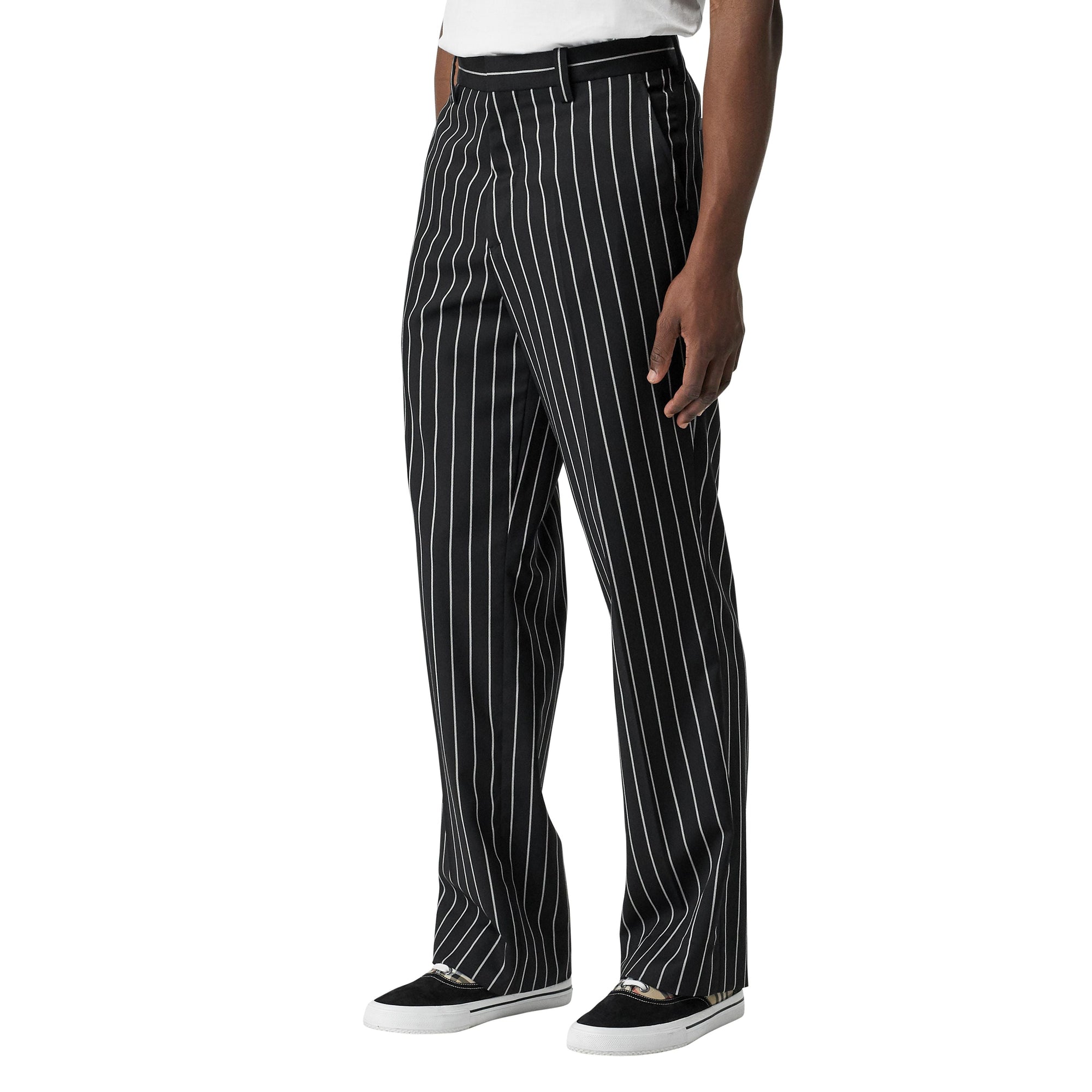 Pantalon de costume ample en laine stretch à fines rayures - Noir