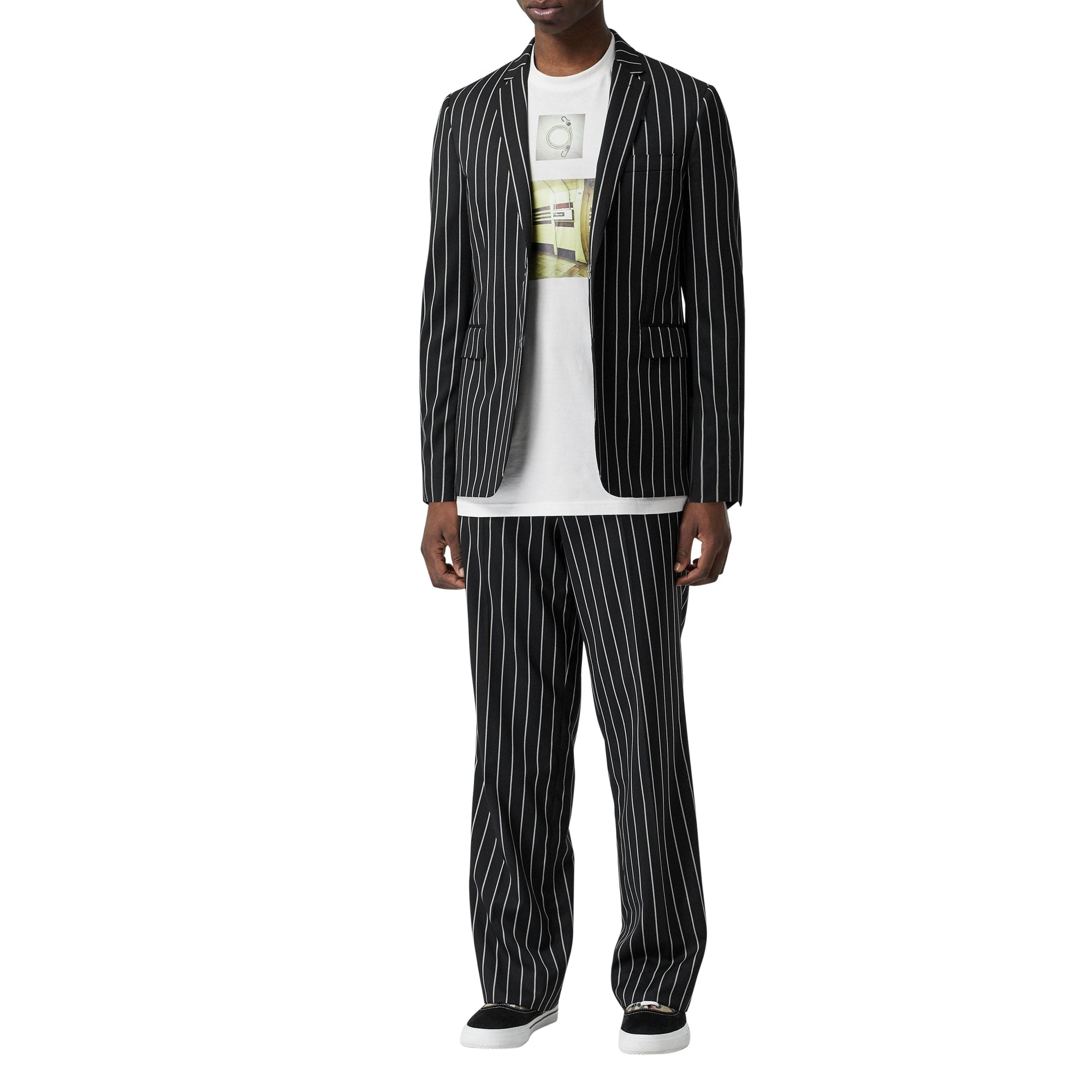 Pantalon de costume ample en laine stretch à fines rayures - Noir