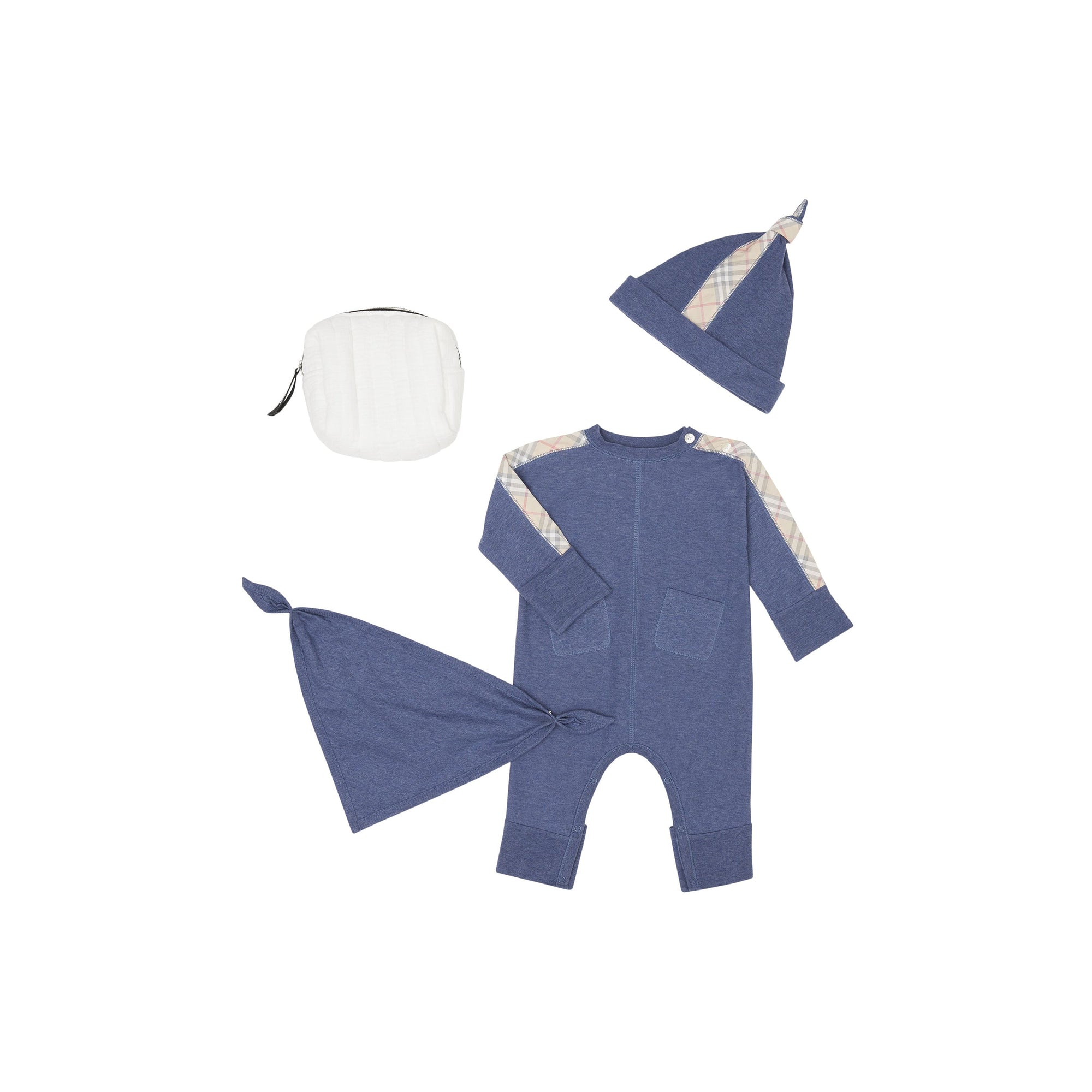 Coffret cadeau trois pièces en coton check pour bébé - Camaïeu de bleus ardoise