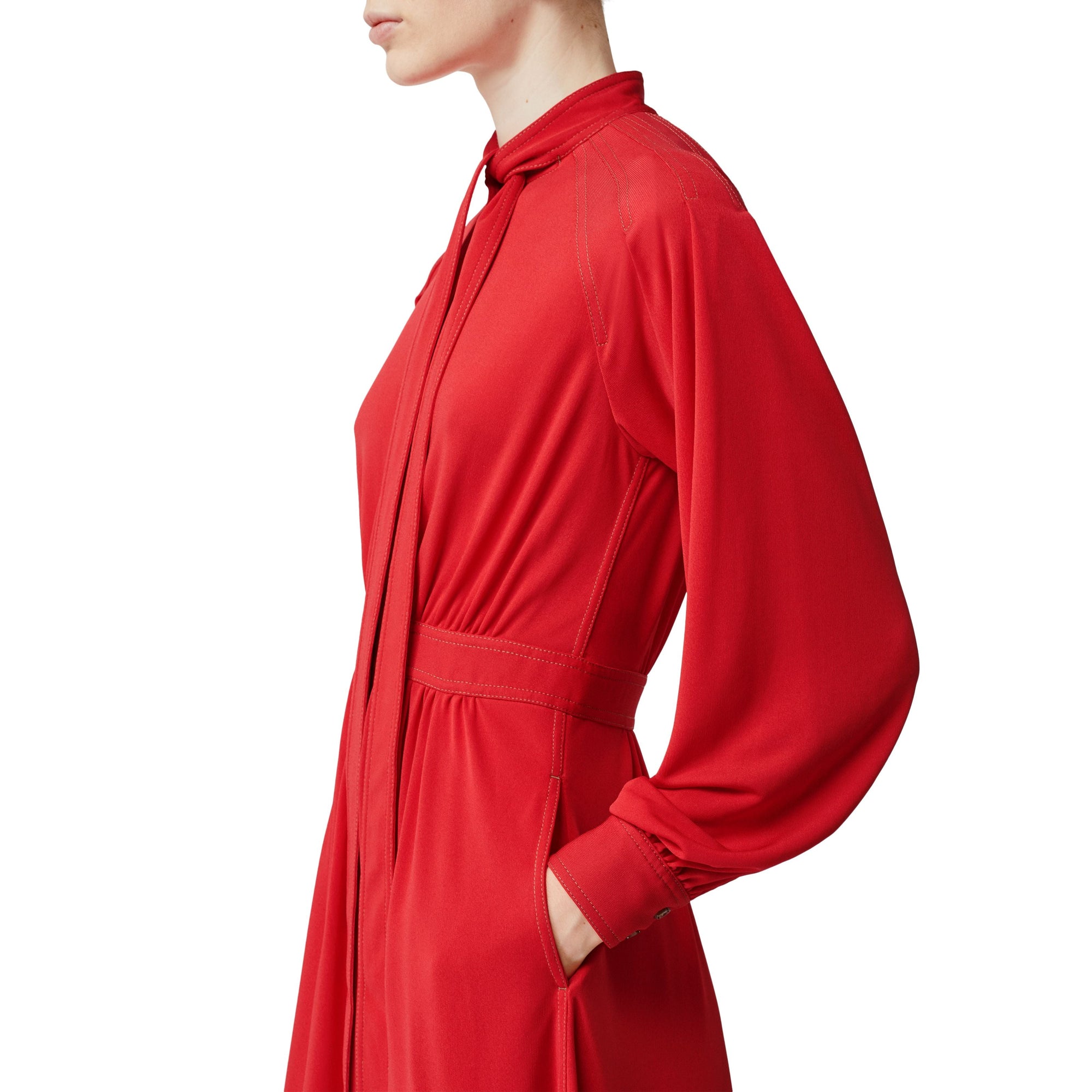 Robe à col lavallière en jersey avec surpiqûres - Rouge vif