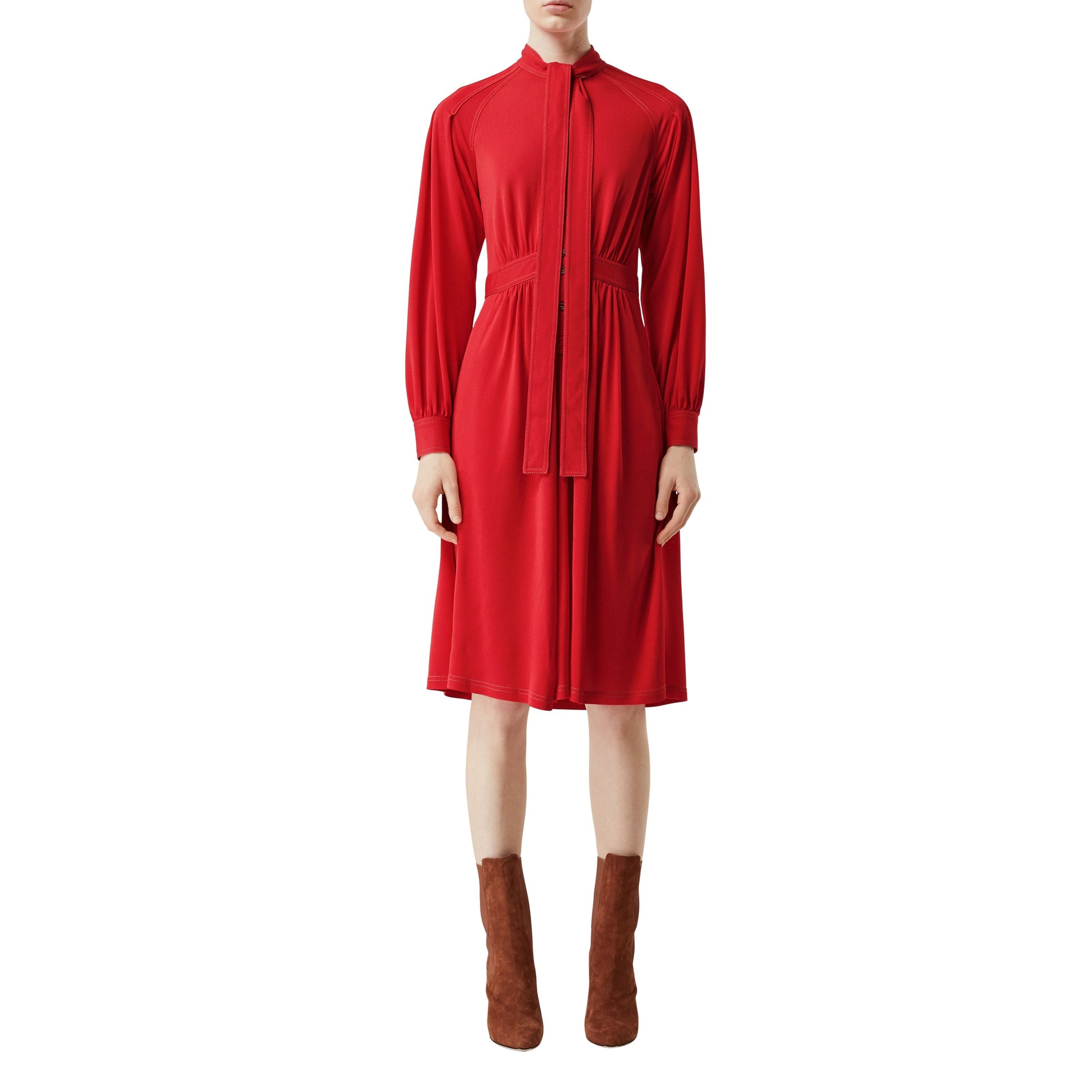 Robe à col lavallière en jersey avec surpiqûres - Rouge vif
