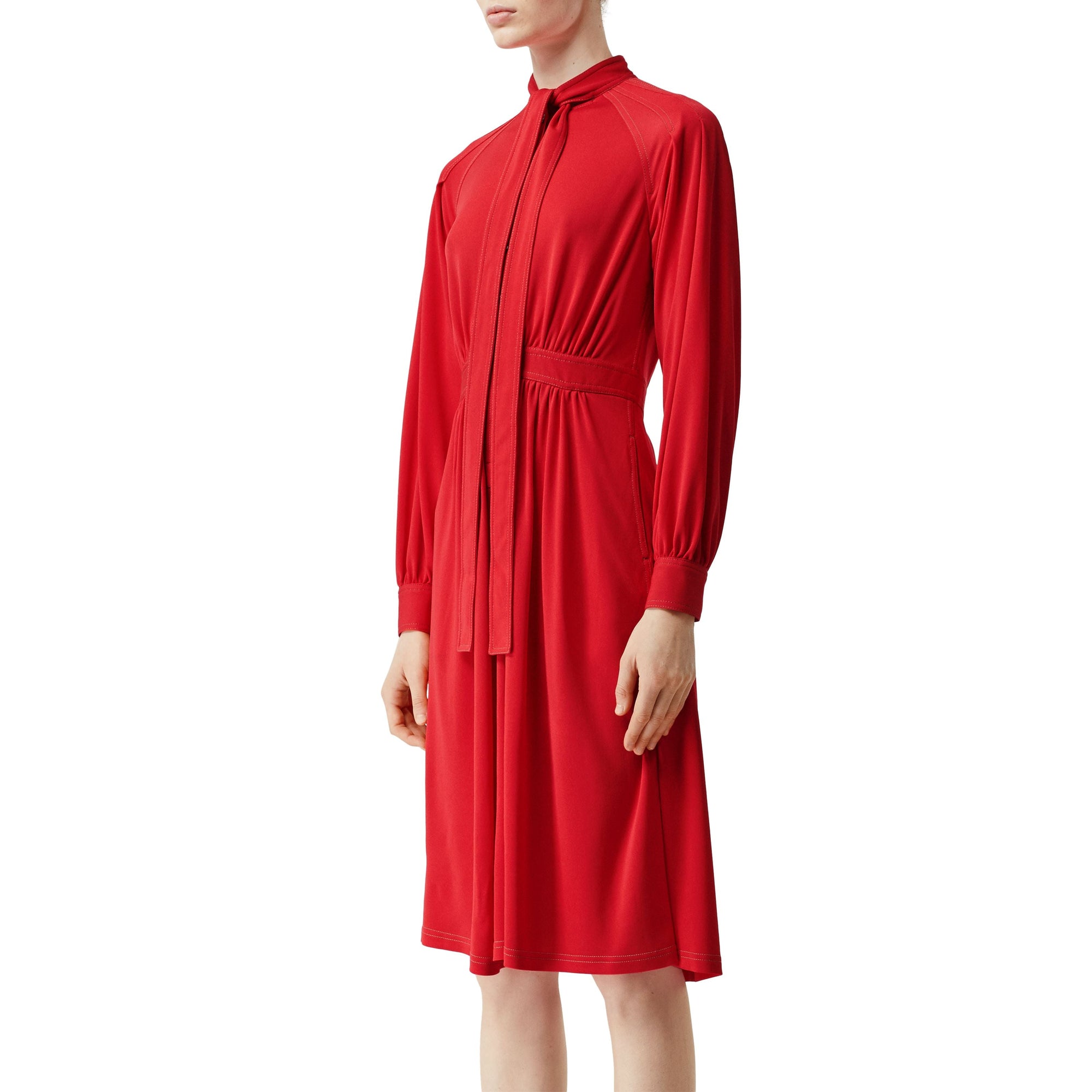 Robe à col lavallière en jersey avec surpiqûres - Rouge vif