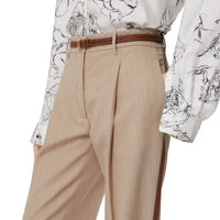 Pantalon tailleur en laine à rayures iconiques avec cuir - Camaïeu Camel