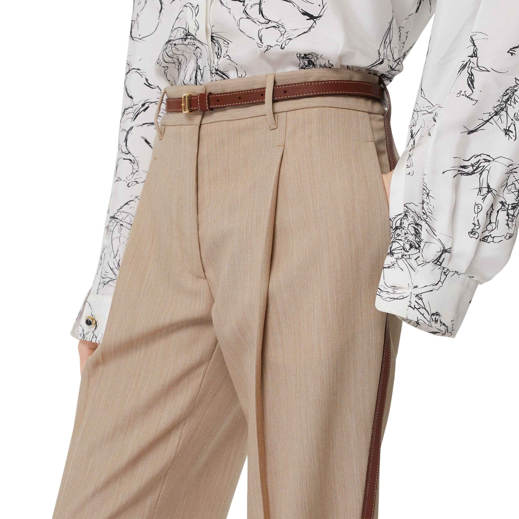 Pantalon tailleur en laine à rayures iconiques avec cuir - Camaïeu Camel