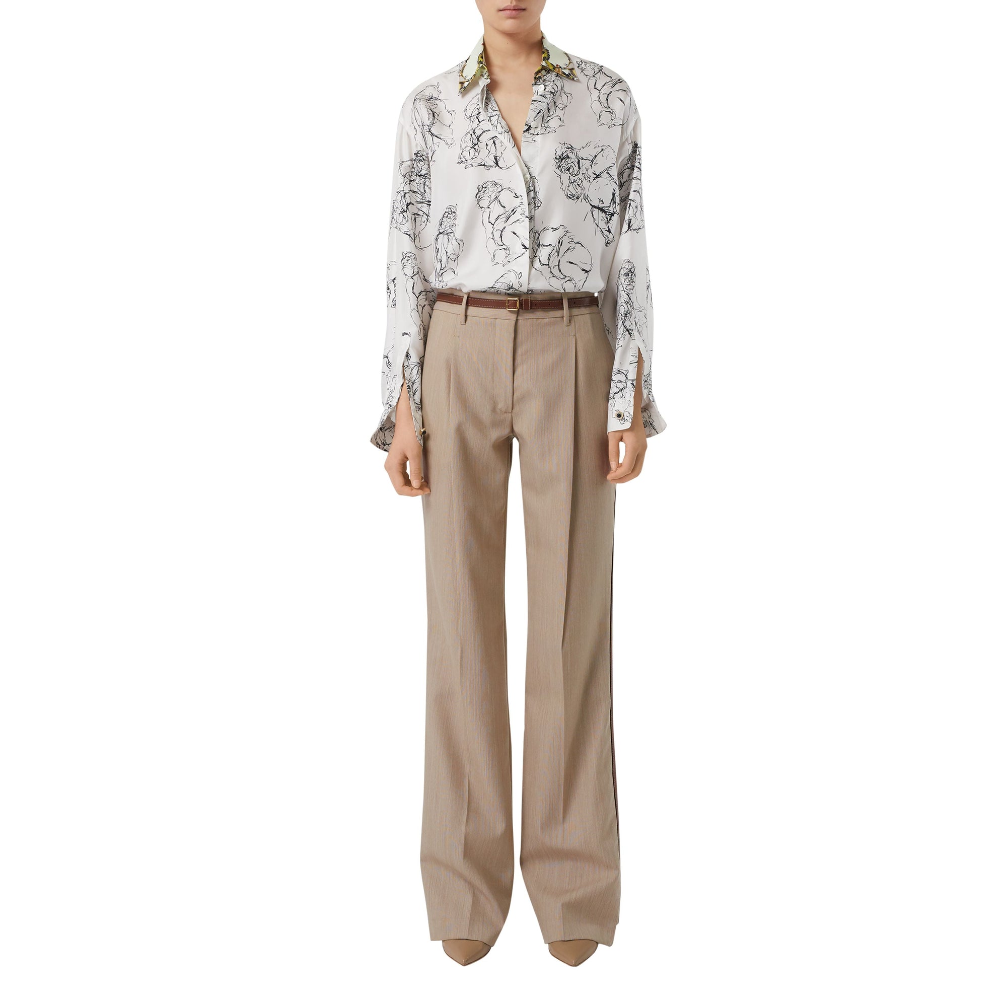 Pantalon tailleur en laine à rayures iconiques avec cuir - Camaïeu Camel