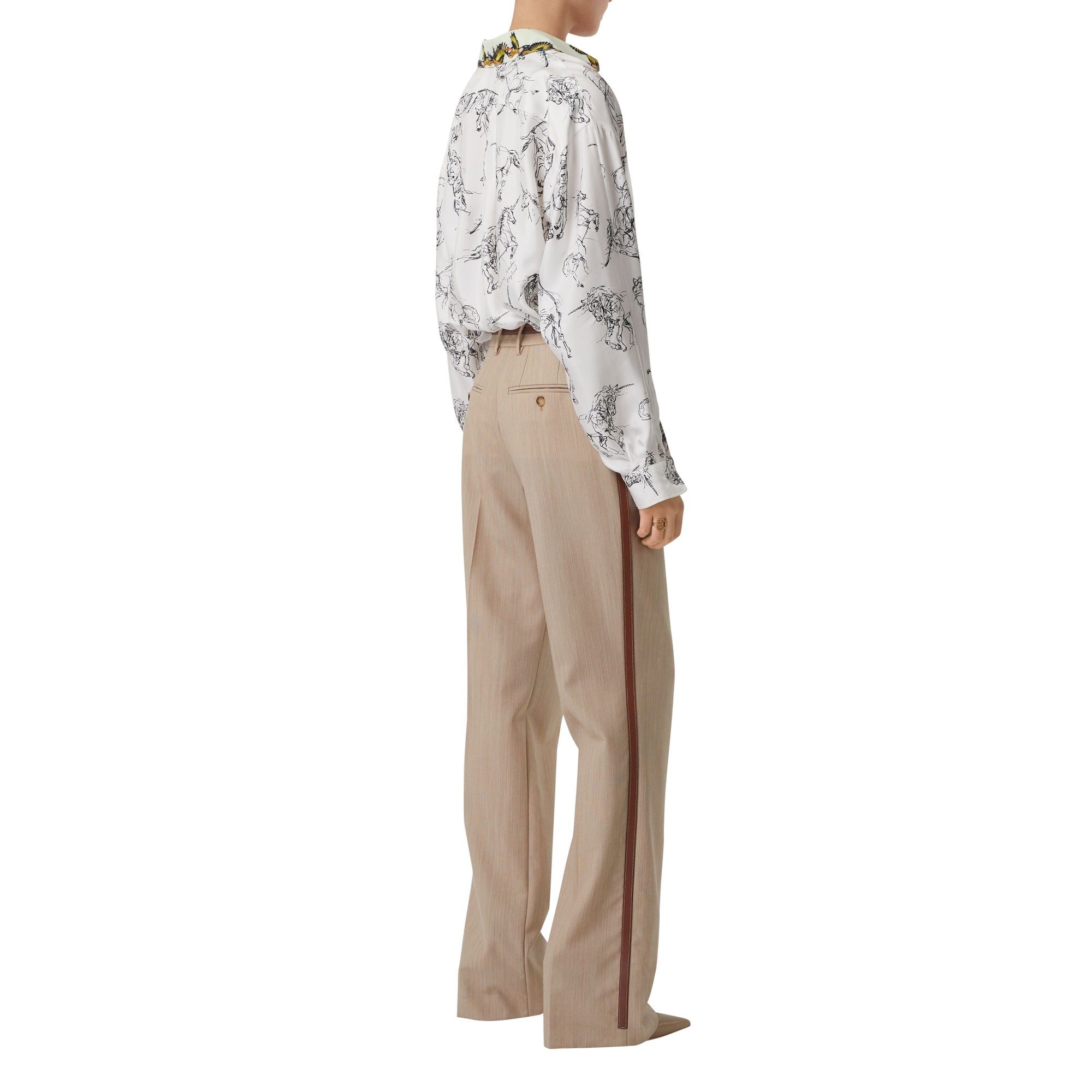 Pantalon tailleur en laine à rayures iconiques avec cuir - Camaïeu Camel