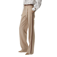 Pantalon tailleur en laine à rayures iconiques avec cuir - Camaïeu Camel