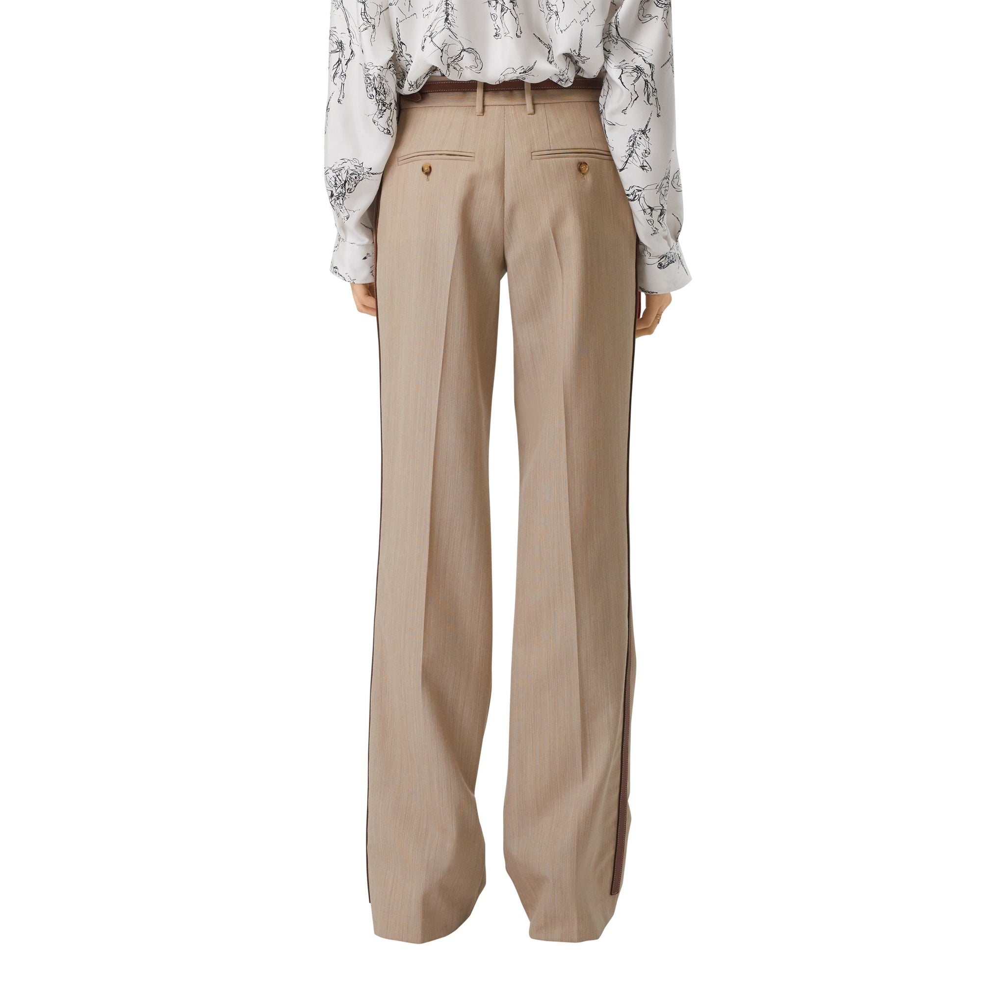 Pantalon tailleur en laine à rayures iconiques avec cuir - Camaïeu Camel