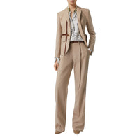 Pantalon tailleur en laine à rayures iconiques avec cuir - Camaïeu camel