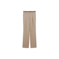 Pantalon tailleur en laine à rayures iconiques avec cuir - Camaïeu Camel