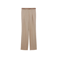 Pantalon tailleur en laine à rayures iconiques avec cuir - Camaïeu camel