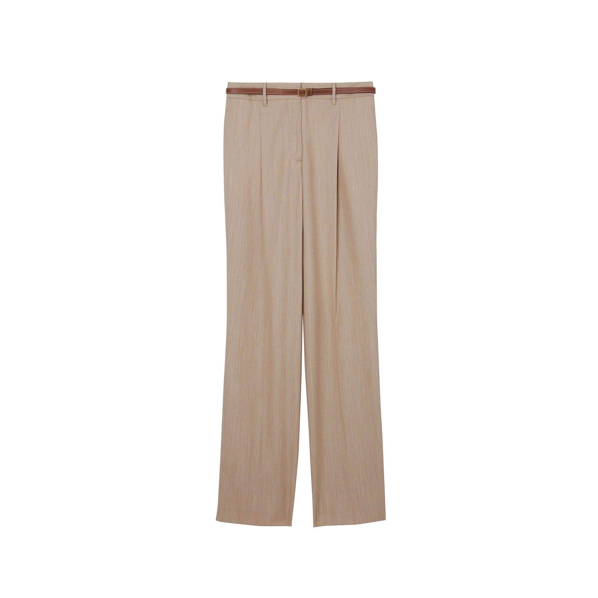 Pantalon tailleur en laine à rayures iconiques avec cuir - Camaïeu camel