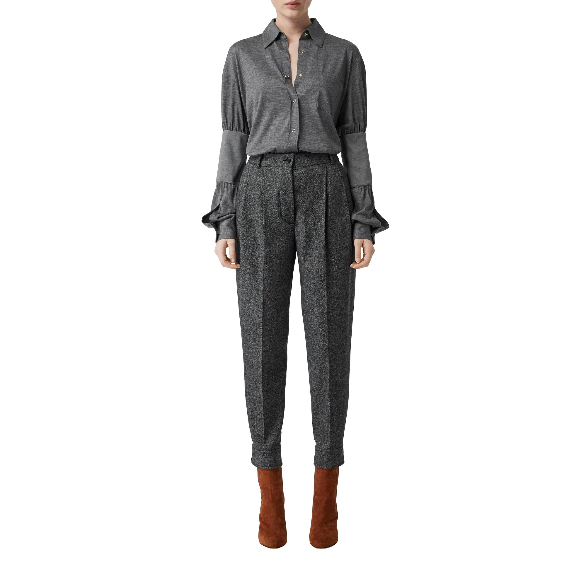 Pantalon tailleur en tweed de laine et cachemire avec ceinture - Camaïeu noir
