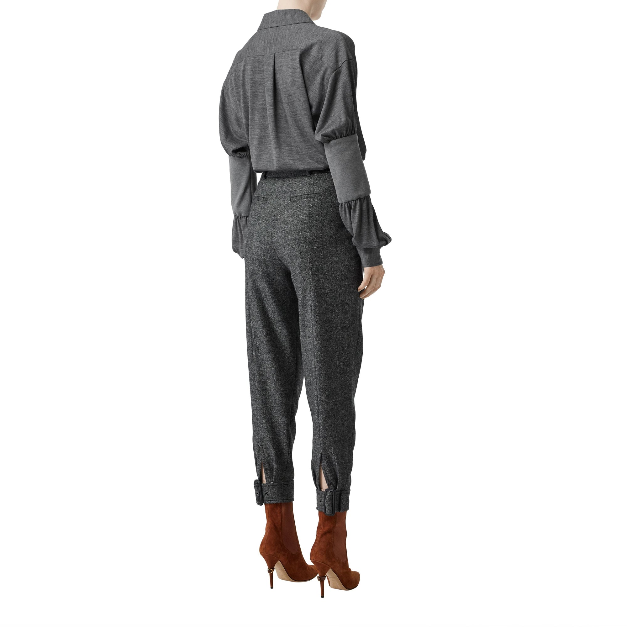 Pantalon tailleur en tweed de laine et cachemire avec ceinture - Camaïeu noir